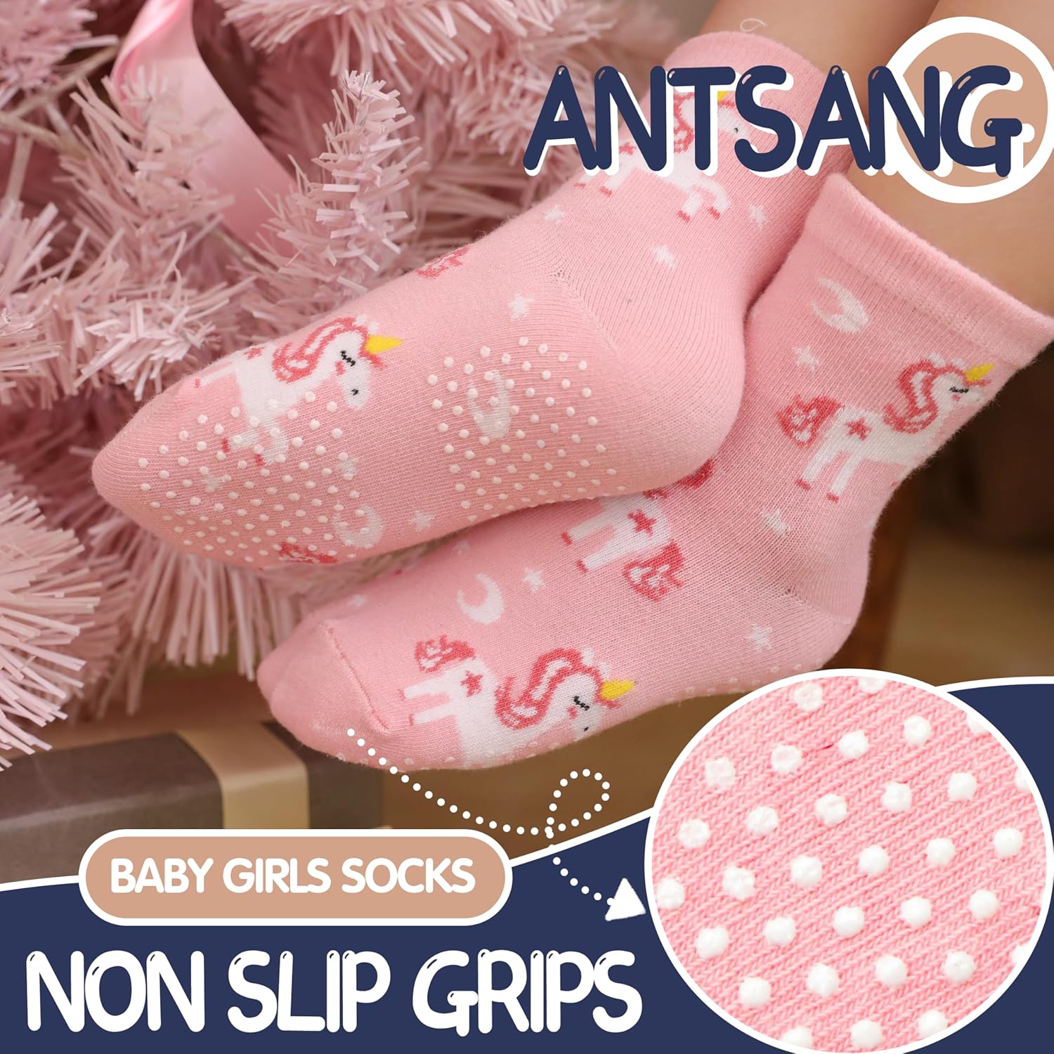 Alternative view of ANTSANG Baby Girls Toddlers Grips Socks Kids Non Slip/Anti Skid Unicorn Striped Crew Cotton Gift Socks