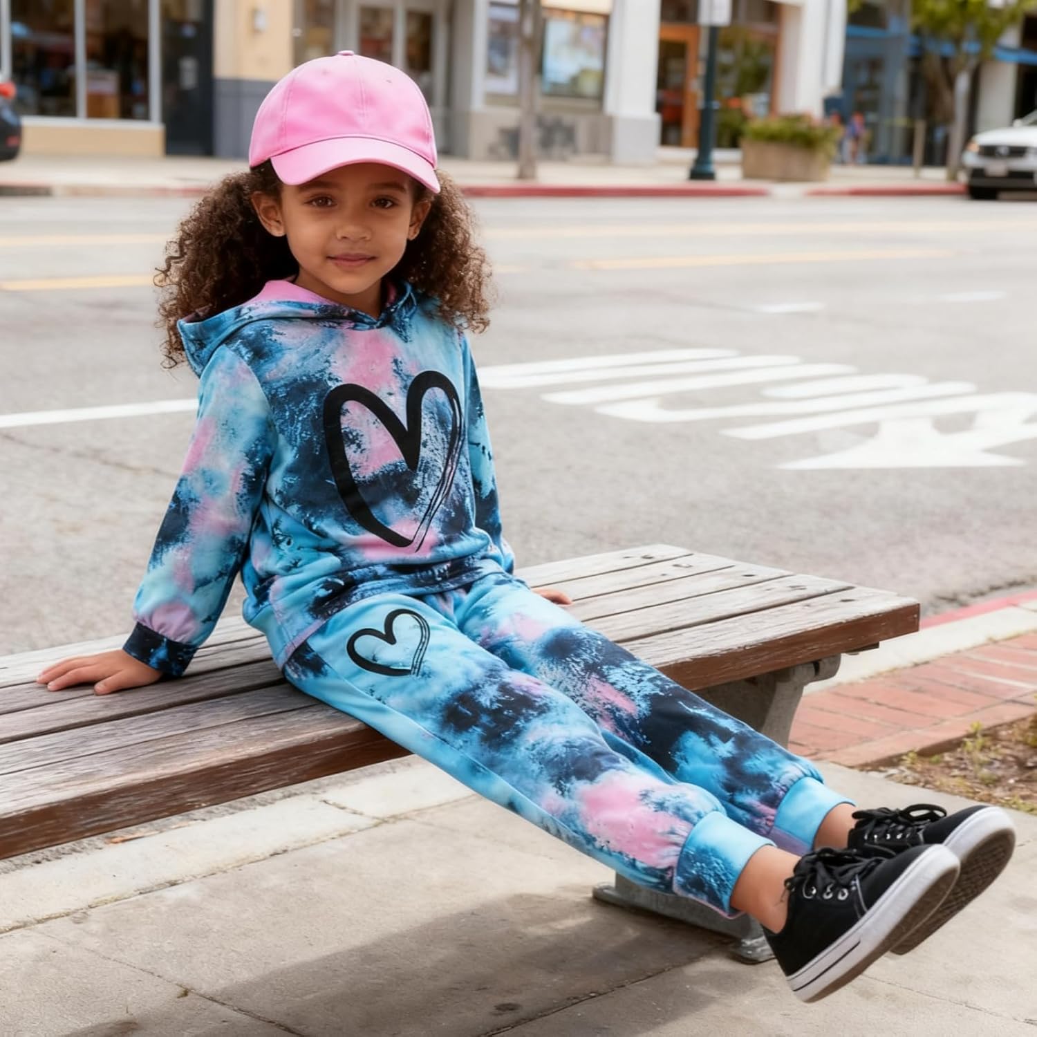 Alternative view of Toddler Baby Girls Clothes Long-sleeve Tie Dye Hoodie Pullover and Sweatpants Heart Print Hooded Outfits Set