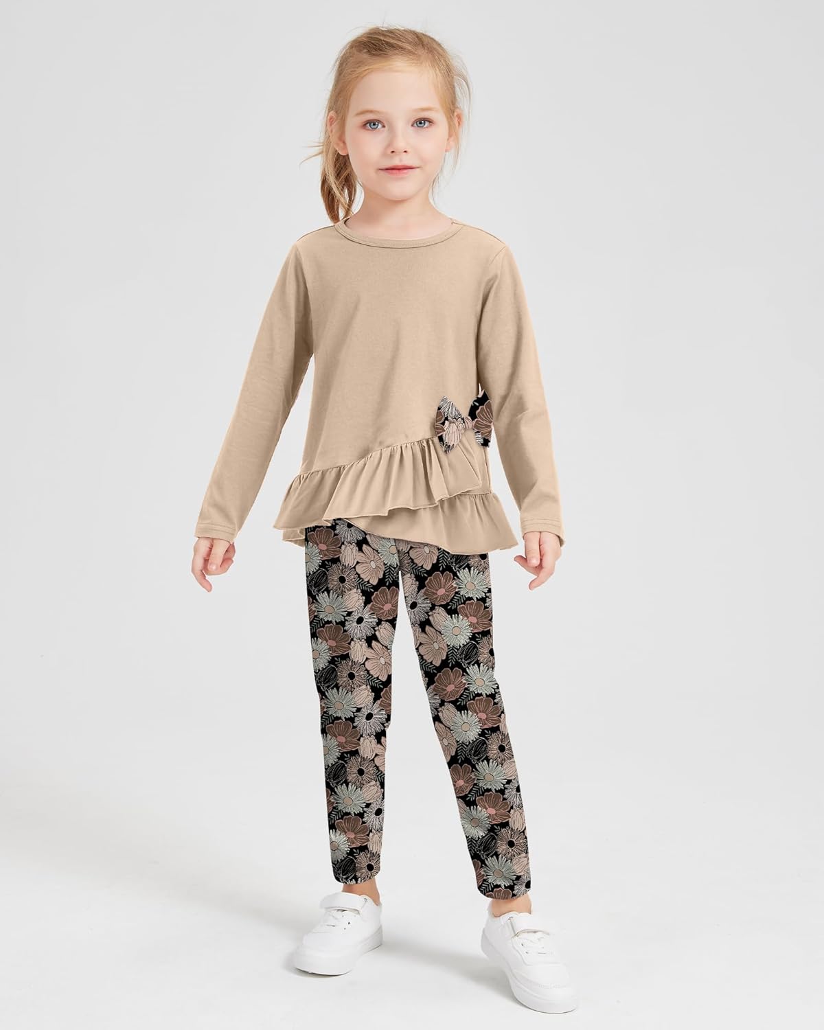 SOLOYEE Toddler Girl Clothes 18M-8T Girls Fall Winter Outfit, Long Sleeve Ruffle Bowknot Top + Floral Pants 2Pcs Clothing Set