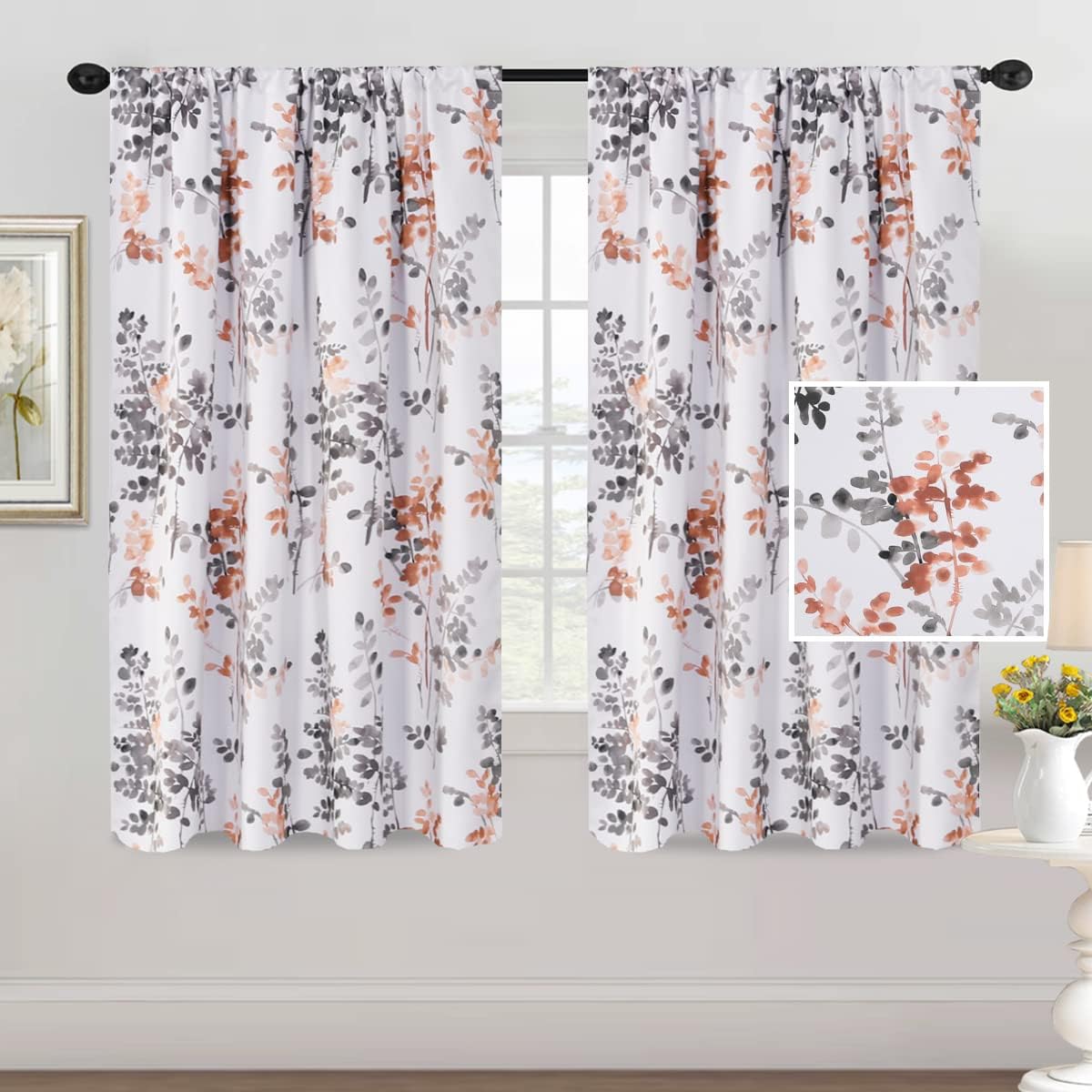 H.VERSAILTEX Floral Curtains 63 Inches Long Printed Pattern Room Darkening Curtains for Bedroom Rod Pocket Window Treatment Curtains, 2 Panels, Classical Floral Grey and Coral