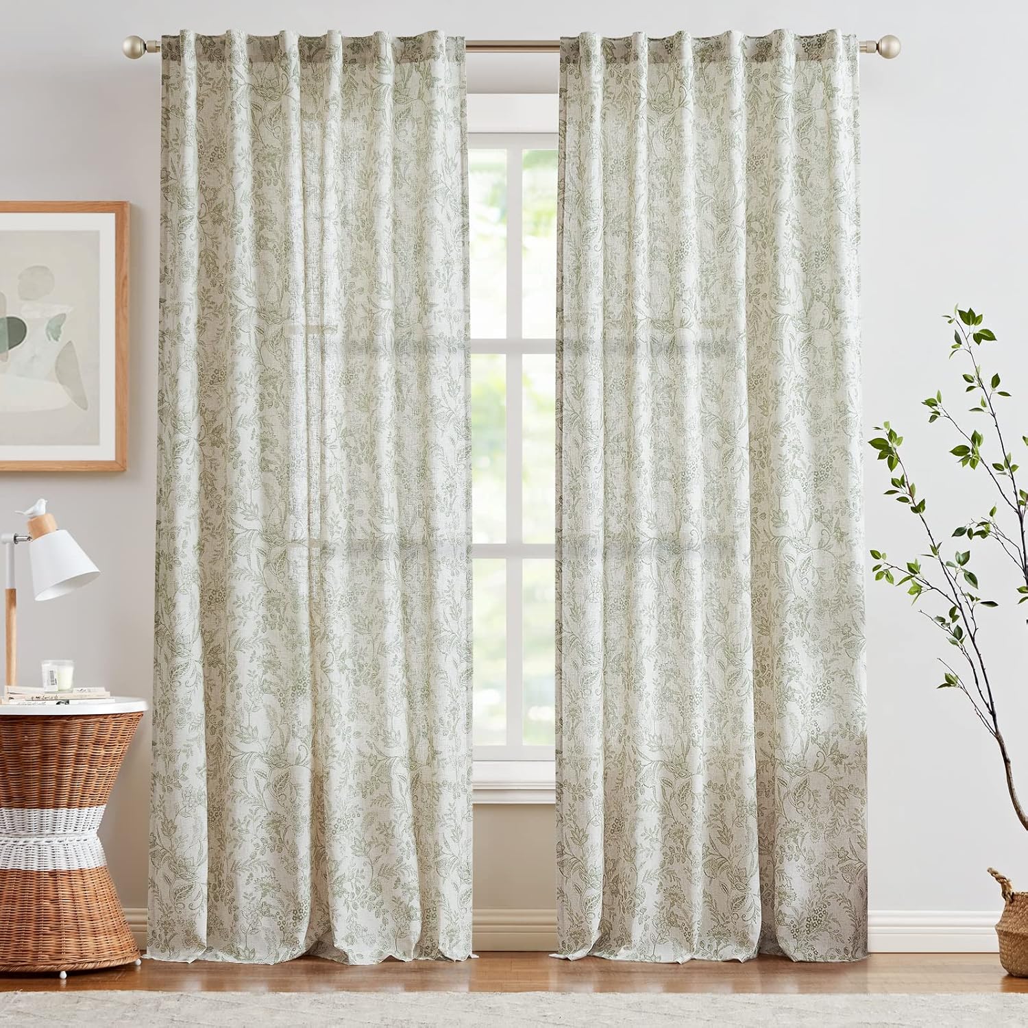 Lazzzy Linen Curtains Farmhouse Green Floral Print Curtains 84 Inches Long Back Tab Drapes for Living Room Bedroom Semi Sheer Patterned Country Vintage Curtains 2 Panels Set Rod Pocket Green on Beige