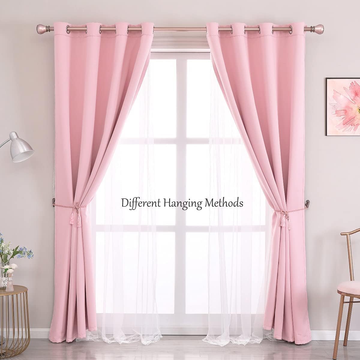 Alternative view of SOFJAGETQ Pink Blackout Curtains with Sheer Overlay, 2 Panels, Thermal Insulated & Soundproof, Lace Trim for Bedroom, Nursery, Living Room - Modern Pink Drapes, Room Darkening Curtains, 52x84 Inches