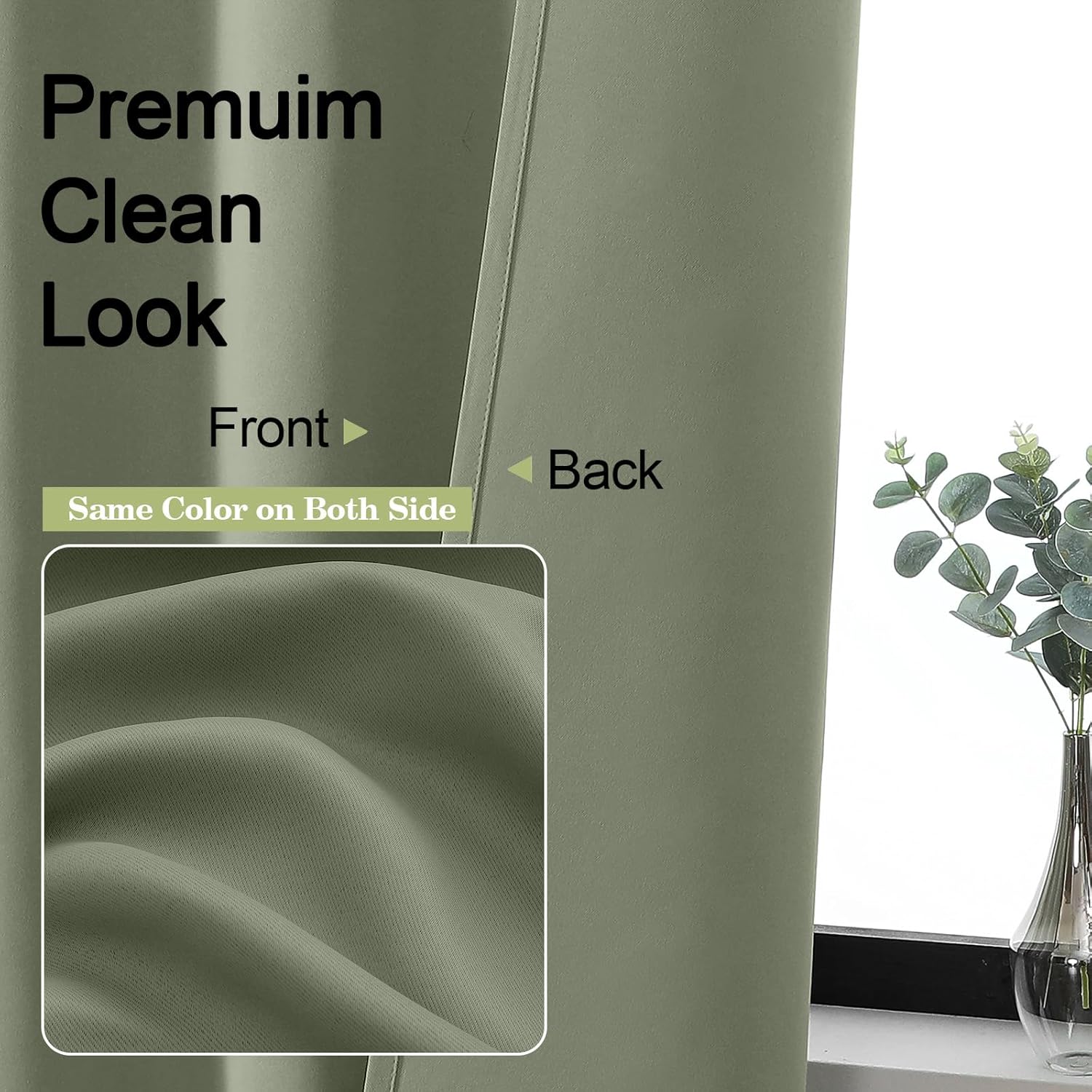 Alternative view of OWENIE Sally Blackout Curtains for Bedroom 63 Inch Length 2 Panels Set, Solid Thermal Insulated Room Darkening Rod Pocket Privacy Window Treatment Curtains Drapes, W40 x L63 Inch, Sage Green