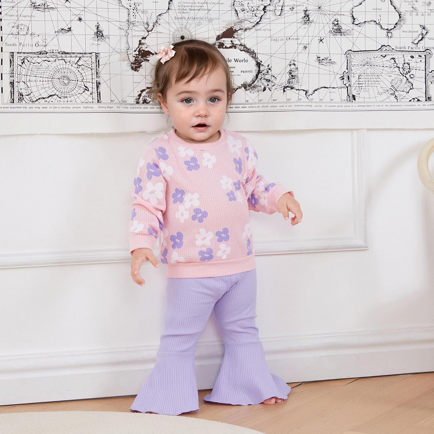 Alternative view of PUHHAPIEY Baby Girl Fall Winter Clothes Floral Knit Crewneck Sweatshirts Flare Pants Set Toddler Bell-Bottoms Outfits