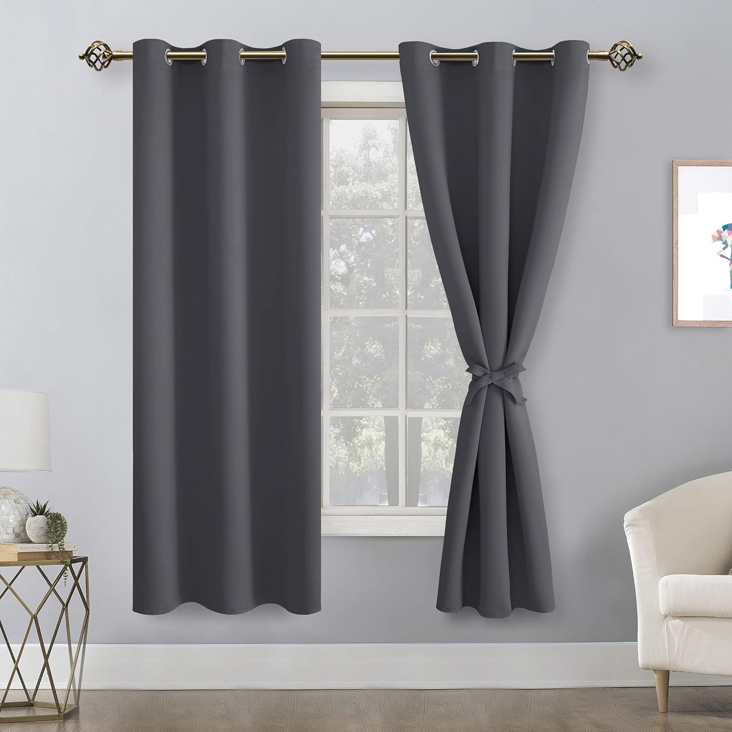 Alternative view of Hiasan Grommet Blackout Curtains for Bedroom, 42 x 63 Inches Length - Thermal Insulated & Light Blocking Window Curtains for Living Room, 2 Drape Panels Sewn with Tiebacks, Dark Grey