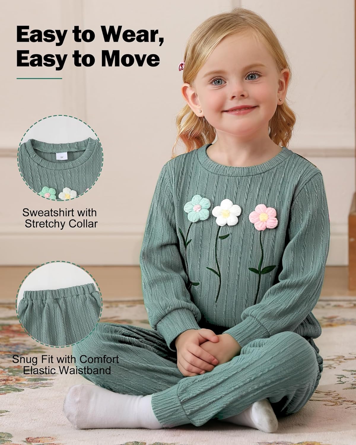 Alternative view of Jecson Toddler Girl Fall Clothes: Soft Outfits Set Embroidered Knit Top & Sweatpants 2Pcs Cute Home Outdoor 2-8Y
