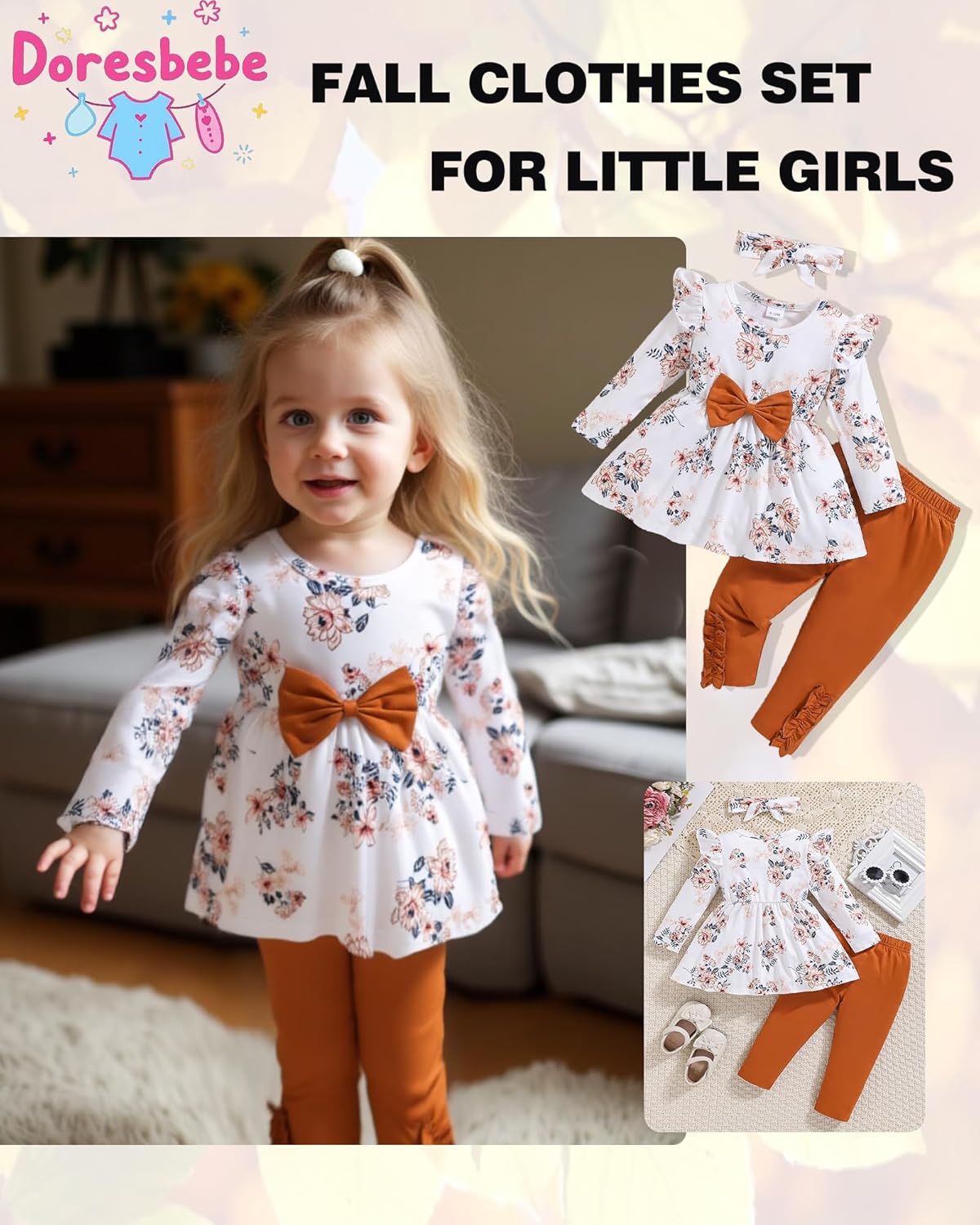 Alternative view of Toddler Baby Girl Clothes Infant Girl Outfits Fall Ruffle Floral T-Shirt Top Pants Set Winter Spring Clothes