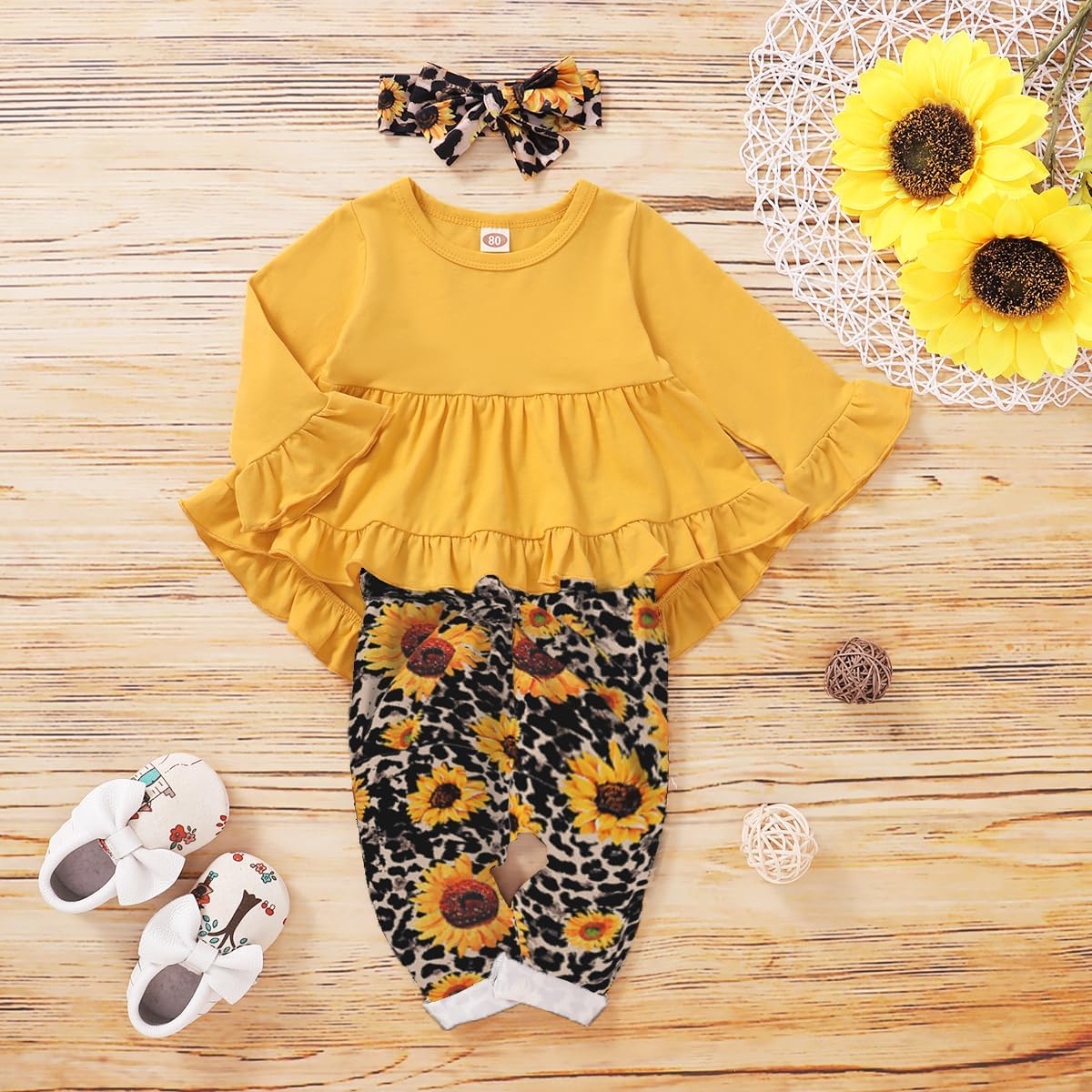 Kucnuzki Baby Girl Clothes Toddler Girl Outfit Ruffle Sleeve Shirt Floral Pant Set Fall Winter Clothing for Girl