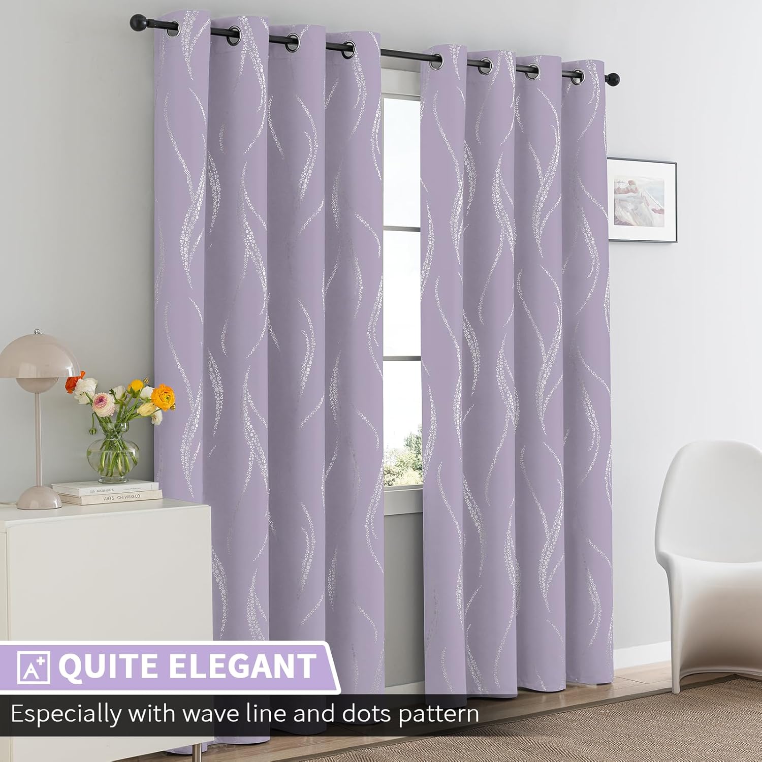 Alternative view of Yakamok Room Darkening Curtains 84 Inches Long 2 Panels for Living Room Thermal Insulated Blackout Drapes with Dots Silver for Bedroom, Grommet Top (52W x 84L Inch, Set of 2, Lilac)