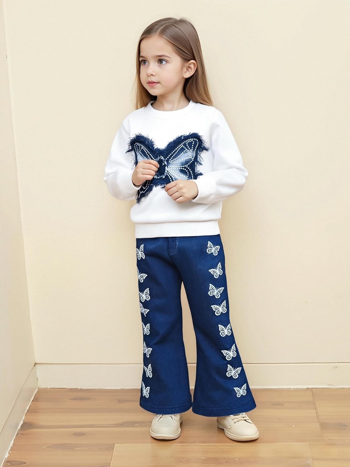 Renotemy Toddler Baby Girl Clothes Fall Winter Outfits Gifts Sweatshirt Bell Bottom Jeans Pants for 12Months-5 Year Girls
