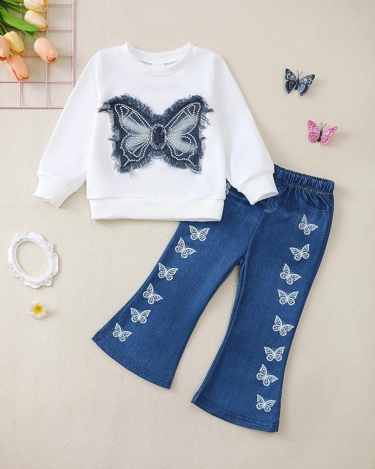 Alternative view of Renotemy Toddler Baby Girl Clothes Fall Winter Outfits Gifts Sweatshirt Bell Bottom Jeans Pants for 12Months-5 Year Girls