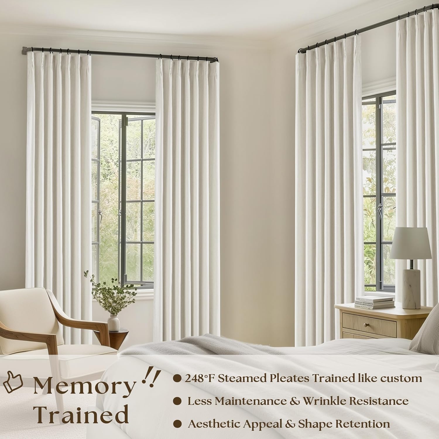 90 Inch Pinch Pleated Linen Blackout Curtains 2 Panels for Living Room Cream Natural 100% Black Out Curtains 90 Inches Long Pinch Pleat Dual Layer Drapes Birch Ivory Drapes for Dining Bedroom Office