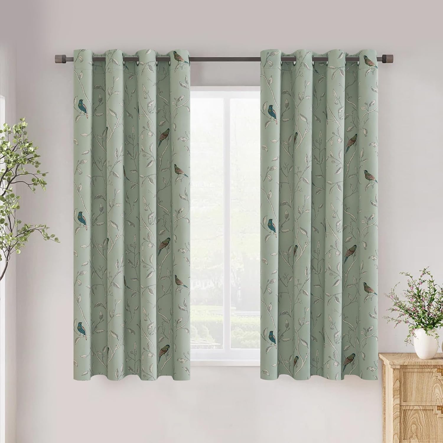 Alternative view of H.VERSAILTEX Blackout Curtains for Bedroom 63 Inches Length Thermal Insulated Birds Rustic Printed Curtain Drapes for Living Room Energy Efficient Room Darkening Home Decoration Pair 2 Panels, Sage