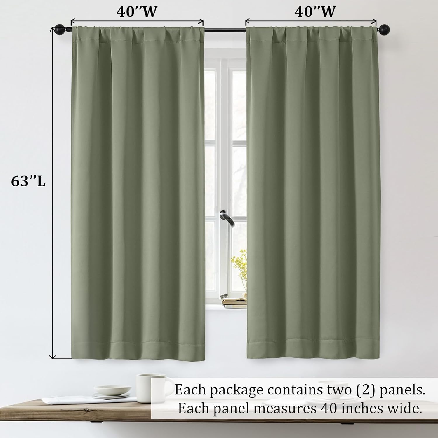 OWENIE Sally Blackout Curtains for Bedroom 63 Inch Length 2 Panels Set, Solid Thermal Insulated Room Darkening Rod Pocket Privacy Window Treatment Curtains Drapes, W40 x L63 Inch, Sage Green