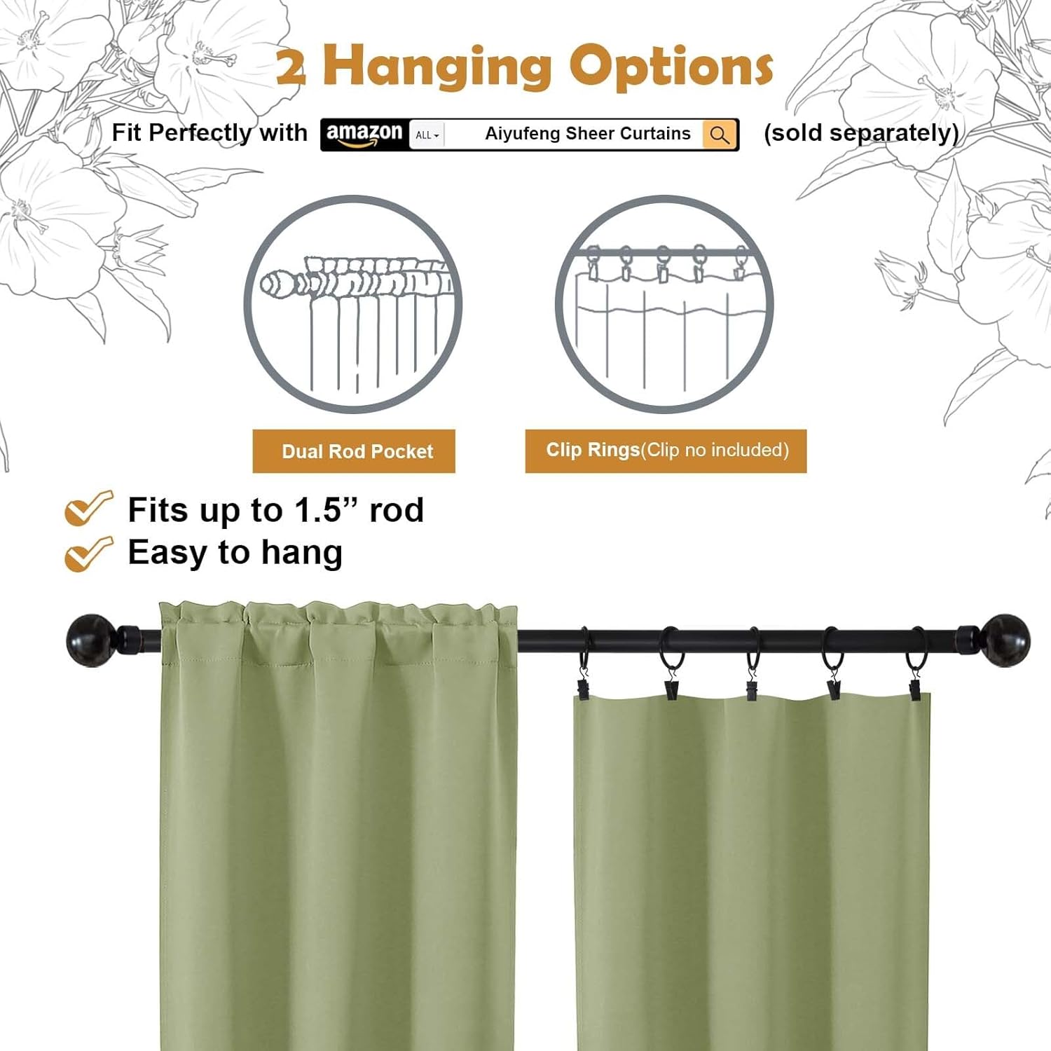 Alternative view of Aiyufeng Sage Green Blackout Curtains for Bedroom 63 Inch Length 2 Panels Set, Solid Thermal Insulated Energy Saving Rod Pocket Window Treatment Curtains Blackout Drapes, W40 x L63 Inch, Sage