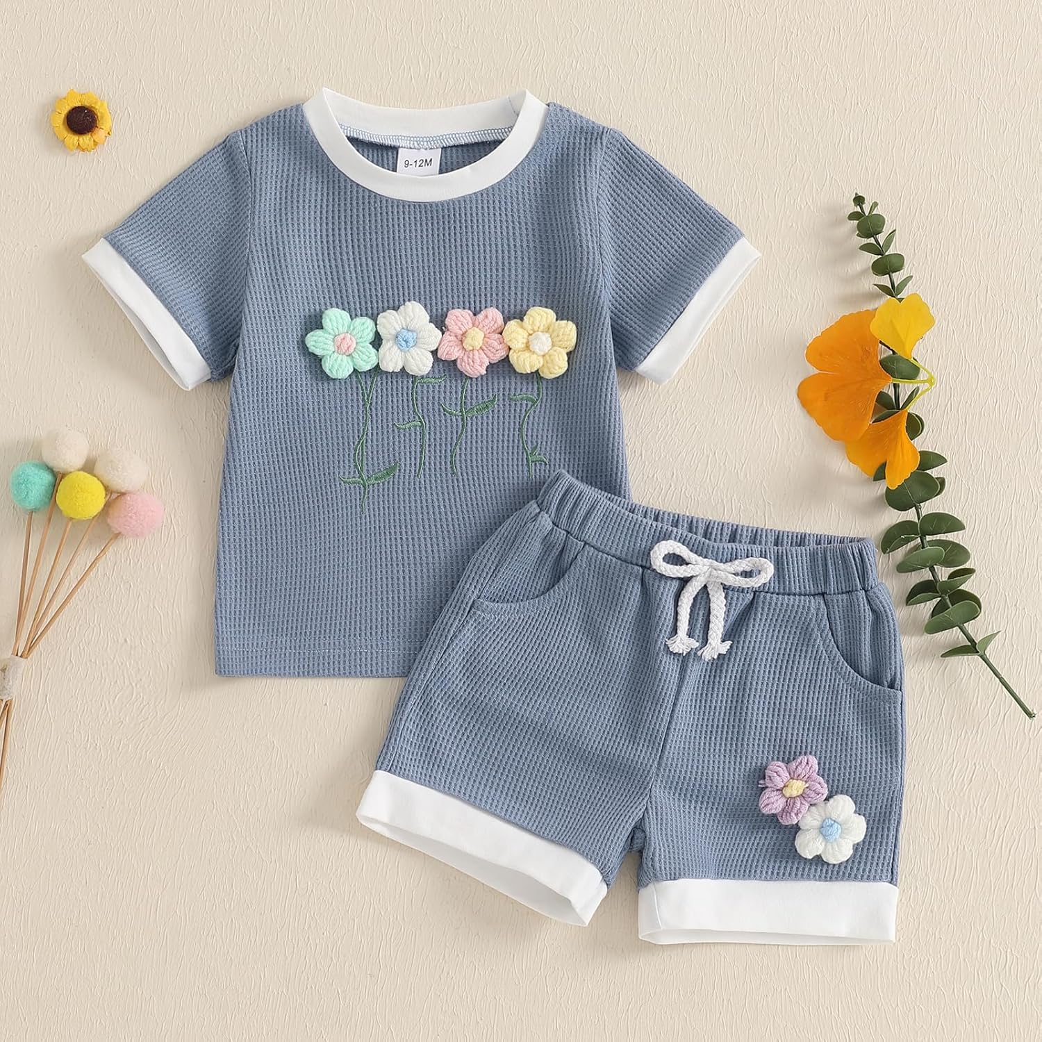 Amnnchya Toddler Baby Girl Outfits Floral Summer Clothes Infant Spring Waffle Short Sleeve Shirt Tops Cute Shorts Set