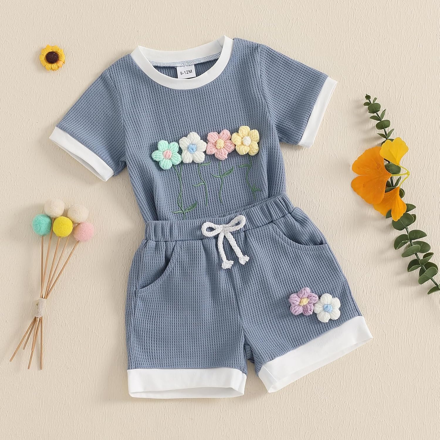 Alternative view of Amnnchya Toddler Baby Girl Outfits Floral Summer Clothes Infant Spring Waffle Short Sleeve Shirt Tops Cute Shorts Set