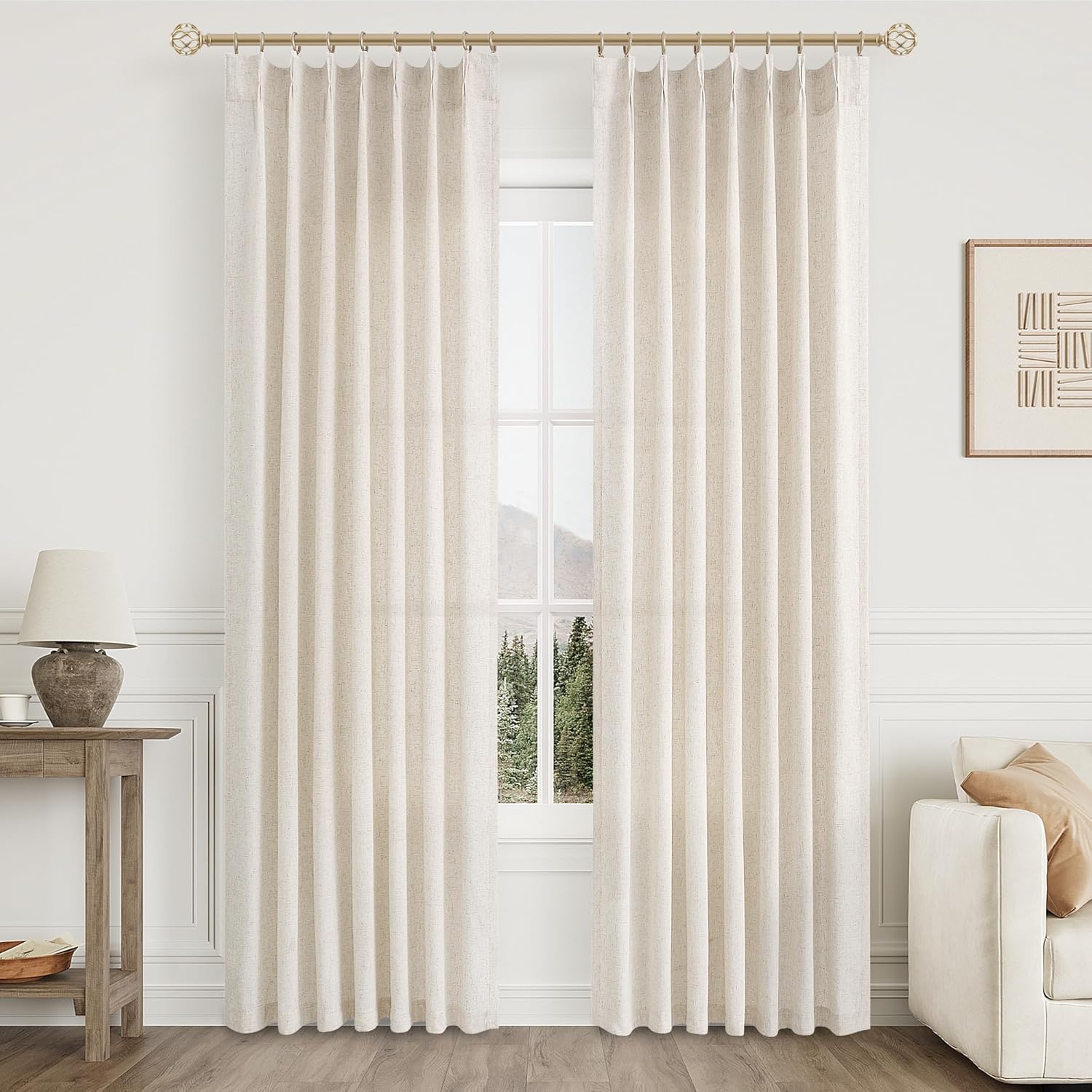 Aersas Natural Pinch Pleated Linen Curtains 84 Inch Length 2 Panels for Living Room Bedroom Cream Semi Sheer Window Curtain Boho Neutral Back Tab Pinch Pleat Drape with Hooks 84 Inches Long