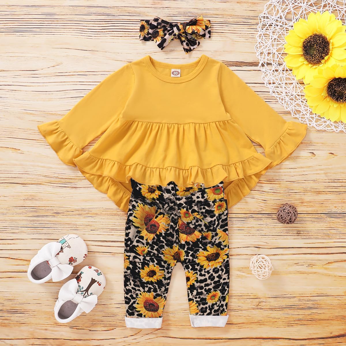 Alternative view of Kucnuzki Baby Girl Clothes Toddler Girl Outfit Ruffle Sleeve Shirt Floral Pant Set Fall Winter Clothing for Girl