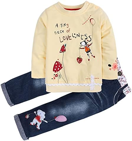 LUKYCILD Toddler Girl Clothes Baby Girl Long Sleeve Top + Jeans Pants with Pockets 2 Piece Outfit Cartoon Clothing Set
