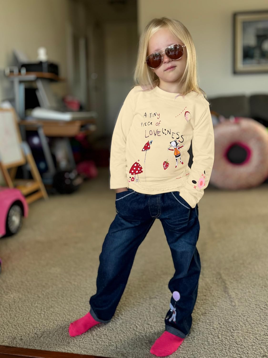 Alternative view of LUKYCILD Toddler Girl Clothes Baby Girl Long Sleeve Top + Jeans Pants with Pockets 2 Piece Outfit Cartoon Clothing Set