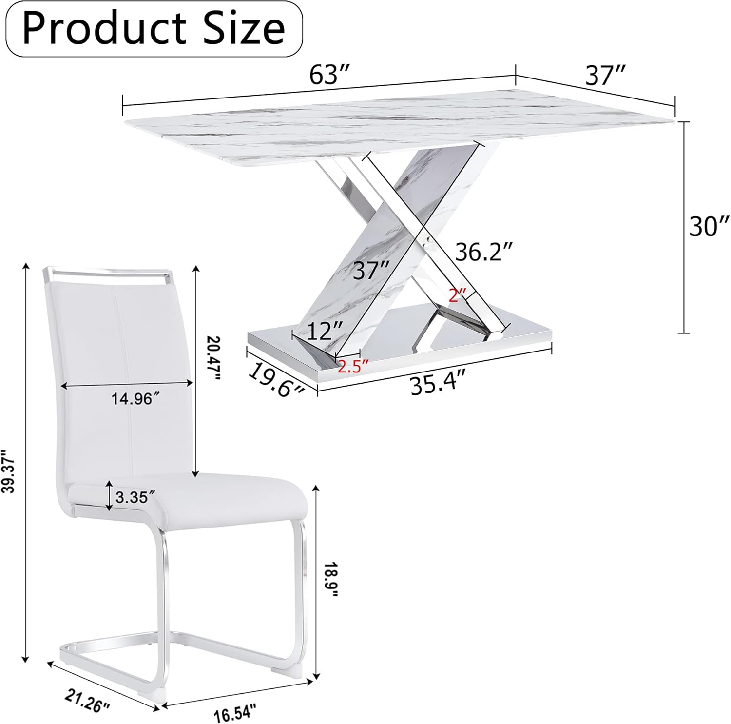 YUN.DREAM Marble Dining Table Set for 4,63 in White Rectangular Table with Sliver Metal X-Shaped Frame and 4 White Leather Dining Chairs,ModernTable and Chairs for Kitchen Dining Room,Restaurant