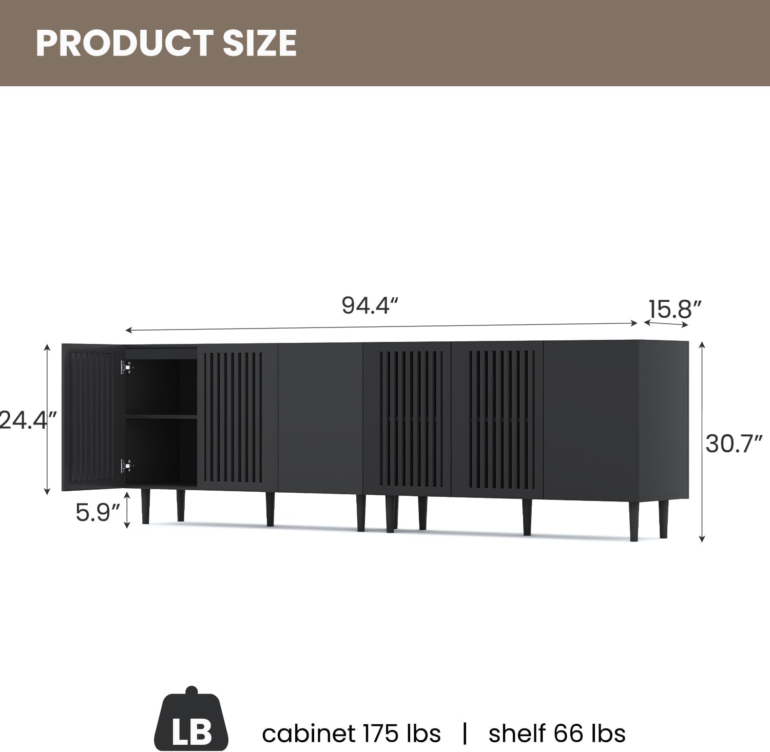 CHUWELL Modern Storage Cabinet, 94.4" Buffet Cabinet with 6 DIY Doors and Adjustable Shelf, Sideboard Coffee Bar with Solid Wood Feet for Kitchen,Dining Room,Living Room,Black