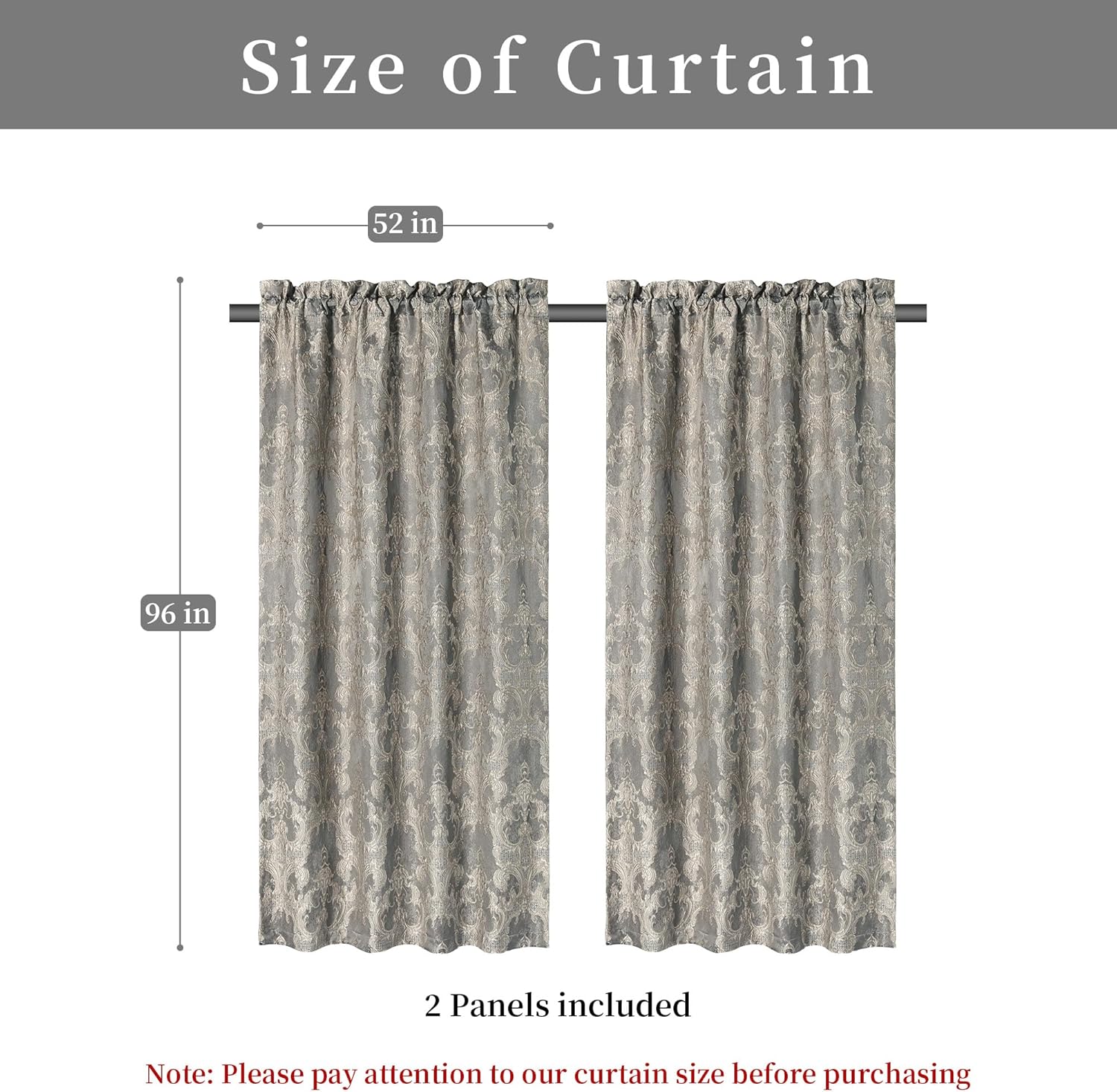 Loom and Mill Luxury Damask Curtains for Bedroom, Lined Thick Chenille Jacquard Blackout Curtains with Tiebacks, Window Curtain for Living Room Party Banquet Decor (2 Panels, 52 x 96 Inch, Grey)