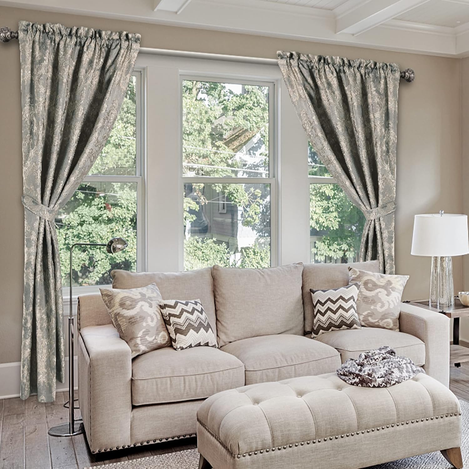 Alternative view of Loom and Mill Luxury Damask Curtains for Bedroom, Lined Thick Chenille Jacquard Blackout Curtains with Tiebacks, Window Curtain for Living Room Party Banquet Decor (2 Panels, 52 x 96 Inch, Grey)