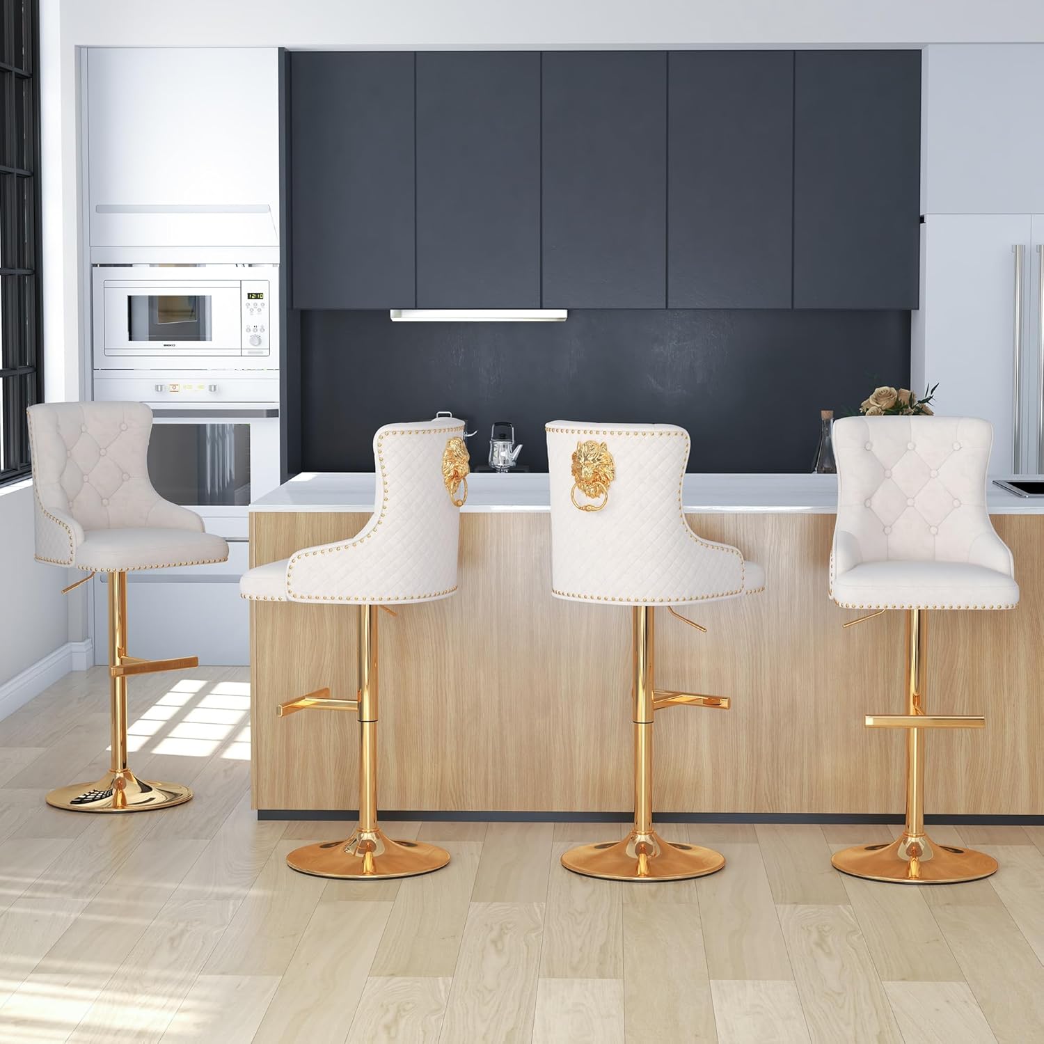 GOOLON Velvet Bar Stool Set of 2 Golden Lion Pull Ring Swivel Chair for Kitchen Counter Nailhead Upholstered Barstools Height Adjustable Barstools with Gold Metal Base for Dining Room Kitchen Beige