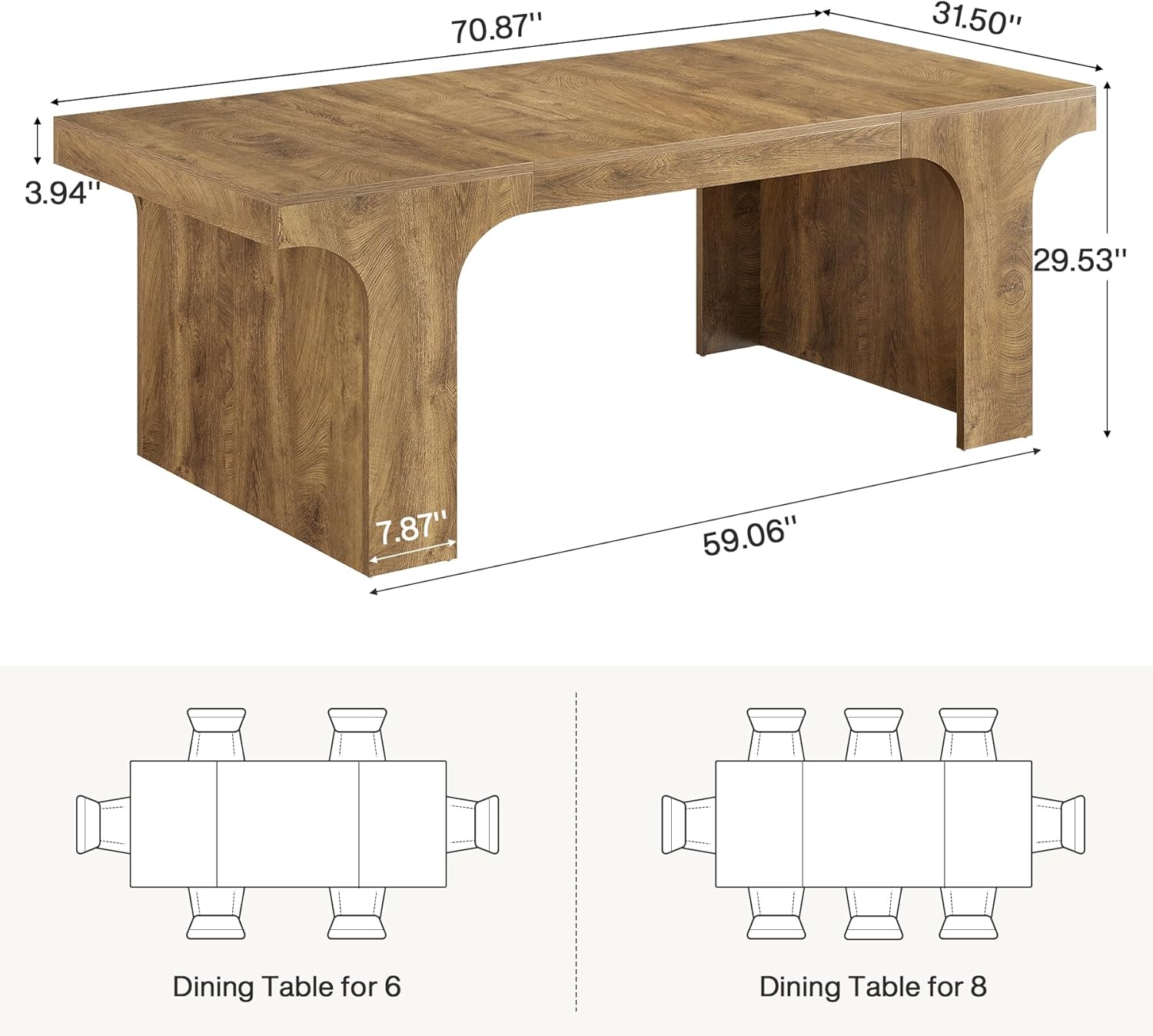 Tribesigns 71-Inch Large Dining Table for 6-8, Farmhouse Wooden Kitchen Table with Arched Design, Rectangular Dining Room Furniture with Double Pedestal for Dinner, Banquet, Natural Wood Grain