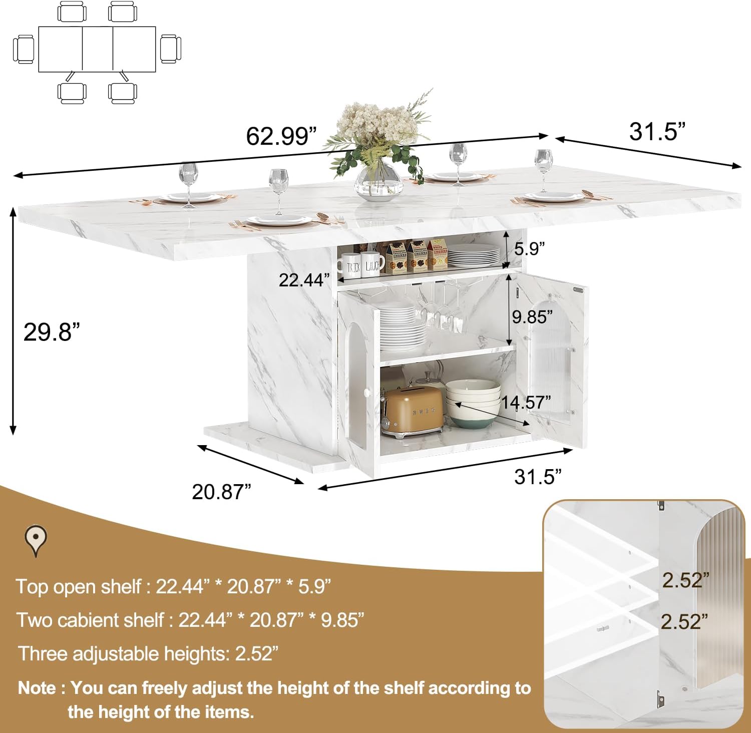 HSH Dining Table for 4u20136, 63" Modern Kitchen Dining Room Table with Storage Shelves & Acrylic Door Cabinet,Wood Rectangle Dinner Table with Faux Marble Top for Home Apartment, White Faux Marble
