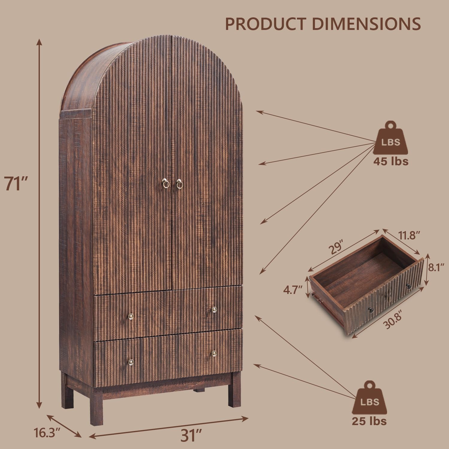 IFGET 71" Tall Arched Pantry Cabinet, Fluted Kitchen Storage Cabinet with Adjustable Shelves and 2 Large Drawers, Freestanding Morden Versatile Cupboard for Living Room, Bathroom, Brown