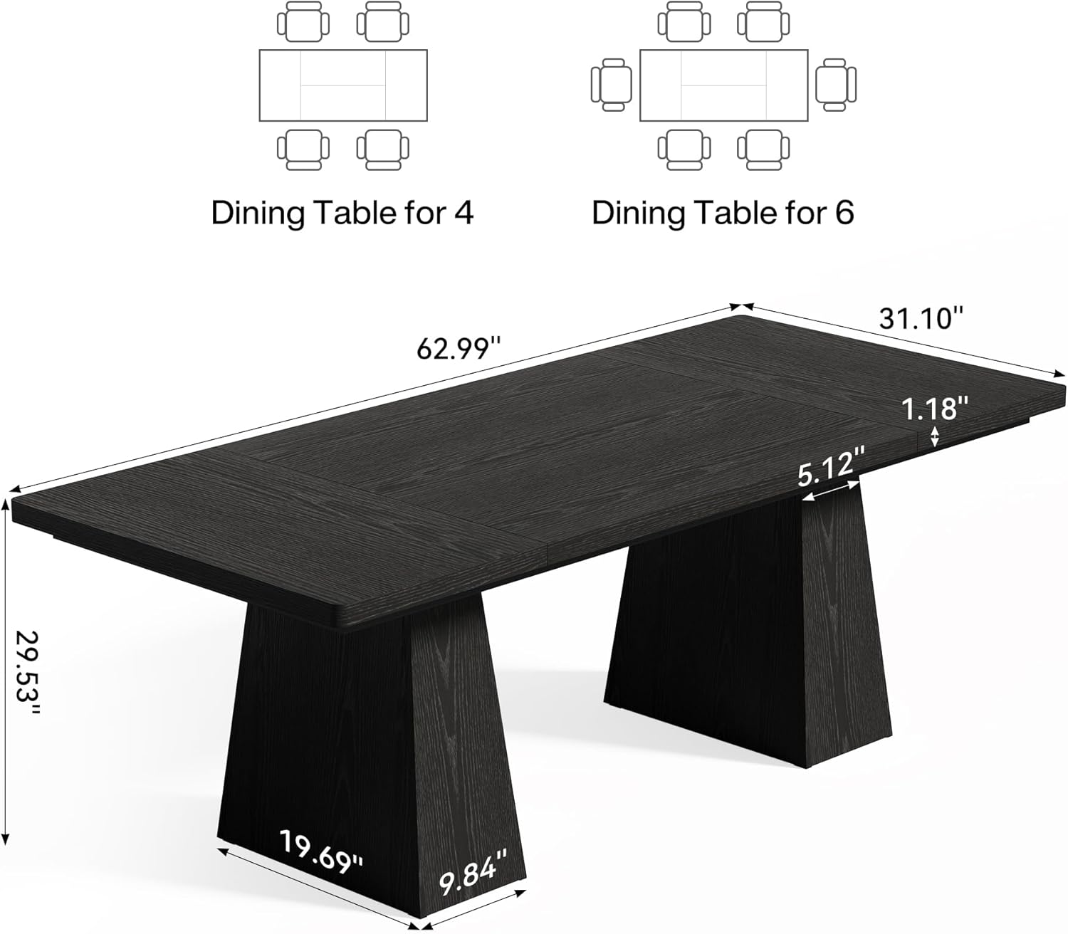 LITTLE TREE Dining Table for 4-6 People, Wooden Table, Rectangle Furniture with Heavy Duty Legs, Modern Kitchen Table for Home, Dining Room, Black