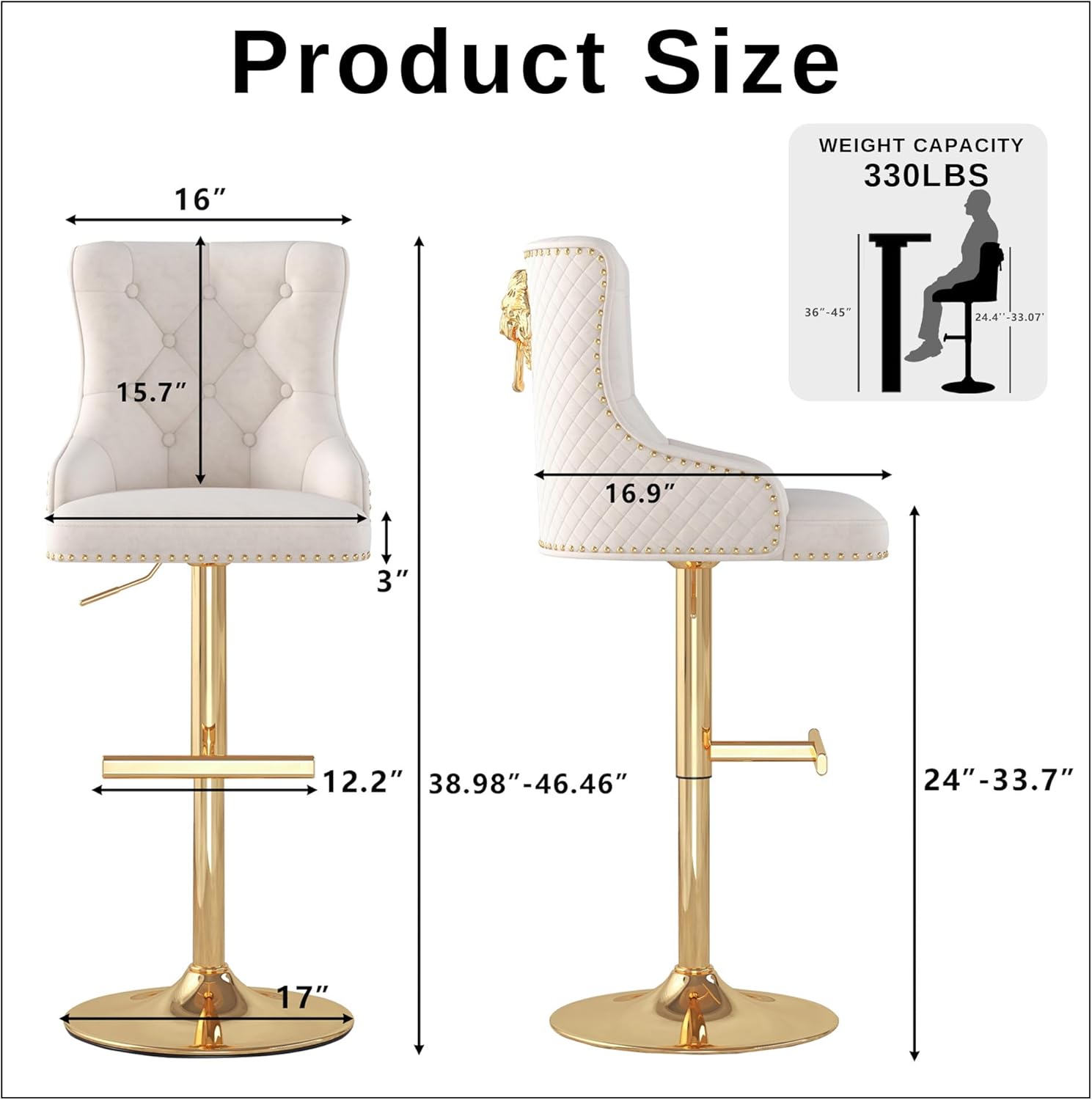 Alternative view of GOOLON Velvet Bar Stool Set of 2 Golden Lion Pull Ring Swivel Chair for Kitchen Counter Nailhead Upholstered Barstools Height Adjustable Barstools with Gold Metal Base for Dining Room Kitchen Beige