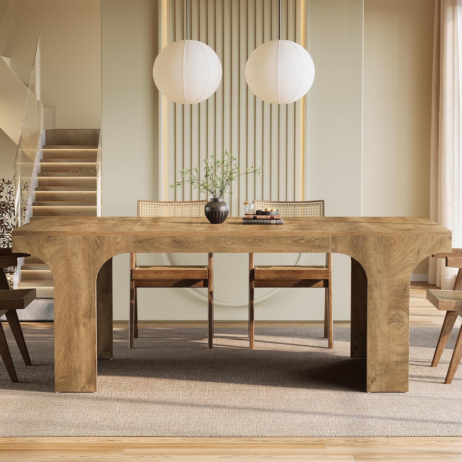 Alternative view of Tribesigns 71-Inch Large Dining Table for 6-8, Farmhouse Wooden Kitchen Table with Arched Design, Rectangular Dining Room Furniture with Double Pedestal for Dinner, Banquet, Natural Wood Grain