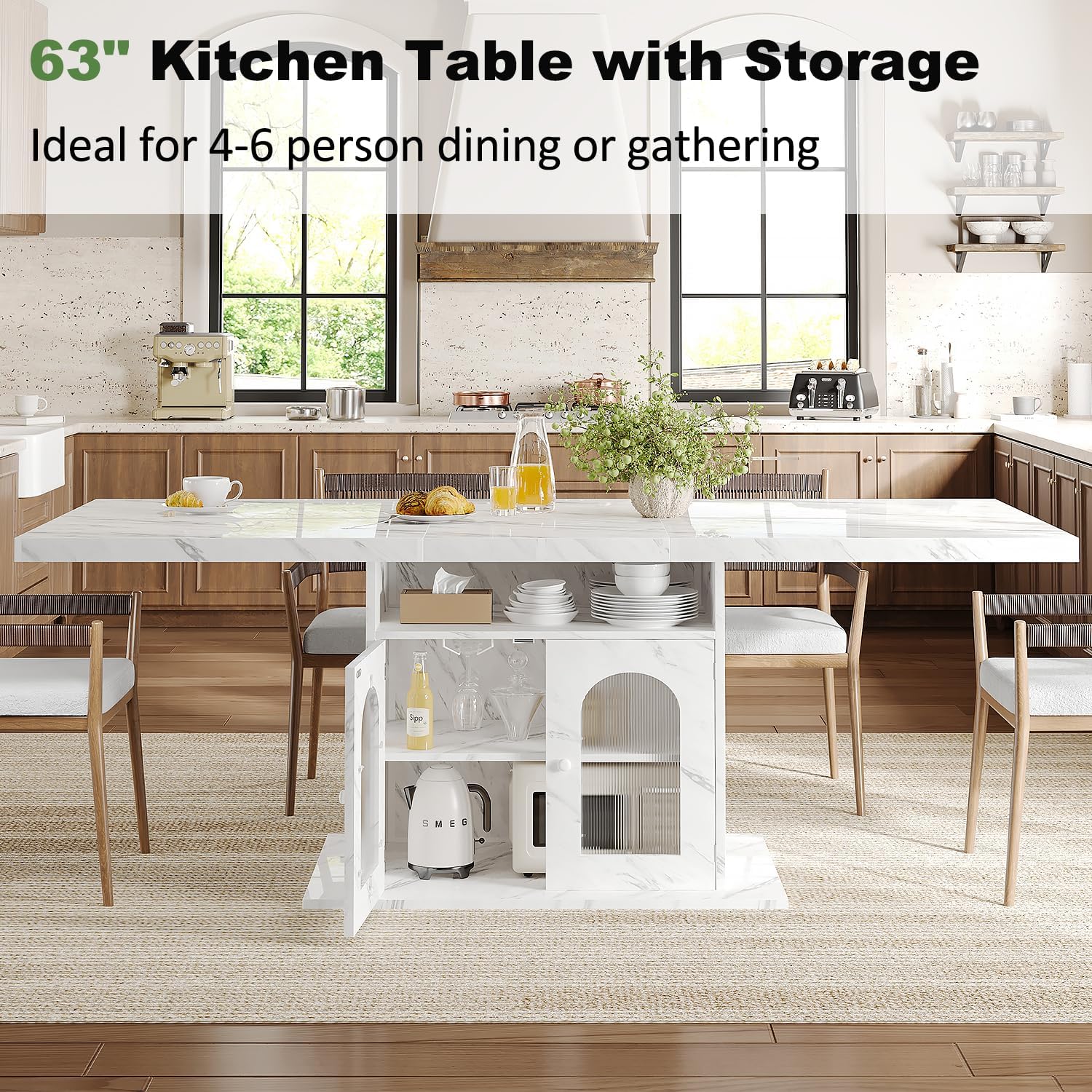 Alternative view of HSH Dining Table for 4u20136, 63" Modern Kitchen Dining Room Table with Storage Shelves & Acrylic Door Cabinet,Wood Rectangle Dinner Table with Faux Marble Top for Home Apartment, White Faux Marble