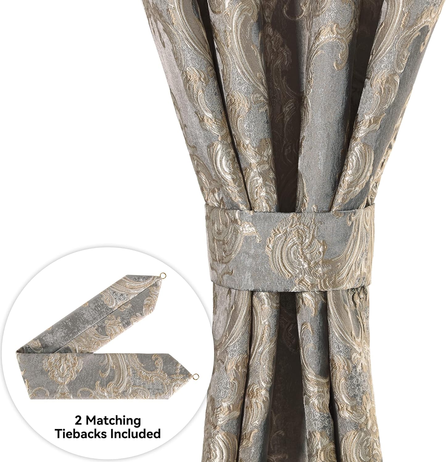 Loom and Mill Luxury Damask Curtains for Bedroom, Lined Thick Chenille Jacquard Blackout Curtains with Tiebacks, Window Curtain for Living Room Party Banquet Decor (2 Panels, 52 x 96 Inch, Grey) - Image 5