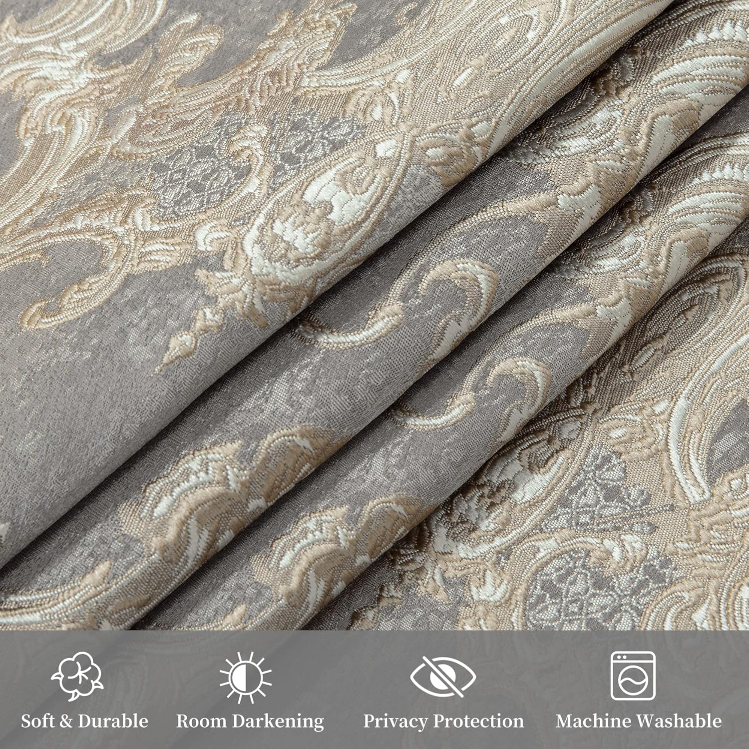 Loom and Mill Luxury Damask Curtains for Bedroom, Lined Thick Chenille Jacquard Blackout Curtains with Tiebacks, Window Curtain for Living Room Party Banquet Decor (2 Panels, 52 x 96 Inch, Grey) - Image 6