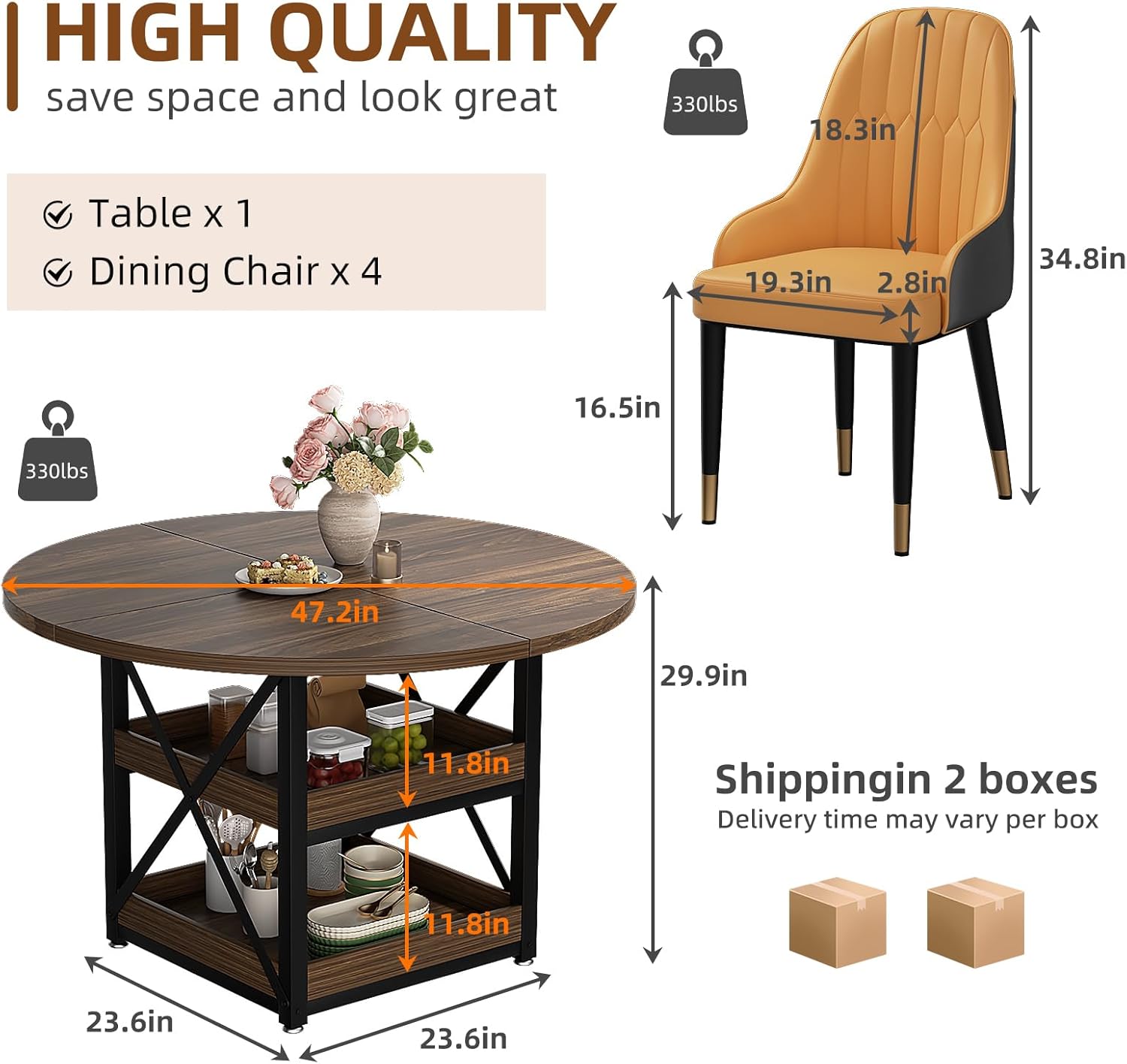 XINNQEE 5-Piece Round Dining Table Set for 4 with Storage, Kitchen Table with 4 PU Leather Chairs, Space Saving for Breakfast Nook, Dinette, Dining Room (Boxwood Dining Table-4 Brown Chairs)