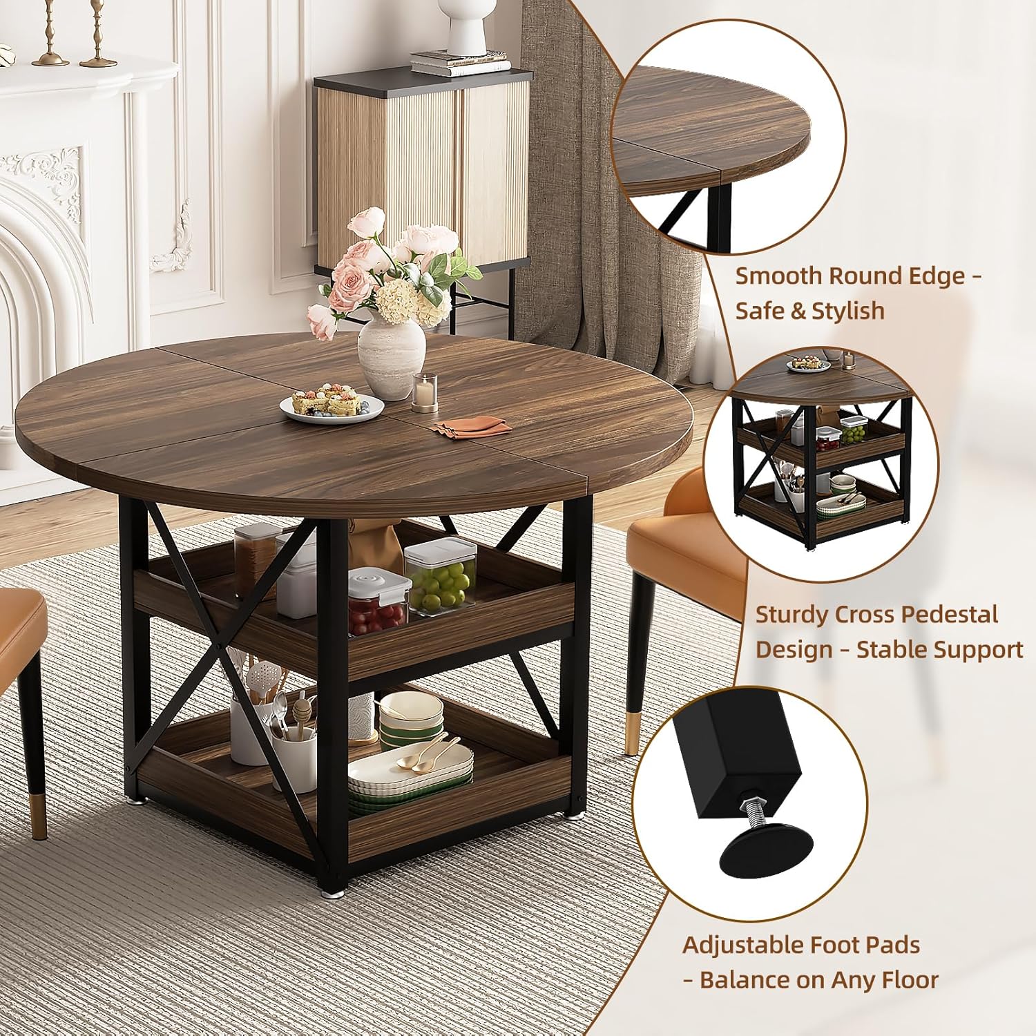 Alternative view of XINNQEE 5-Piece Round Dining Table Set for 4 with Storage, Kitchen Table with 4 PU Leather Chairs, Space Saving for Breakfast Nook, Dinette, Dining Room (Boxwood Dining Table-4 Brown Chairs)