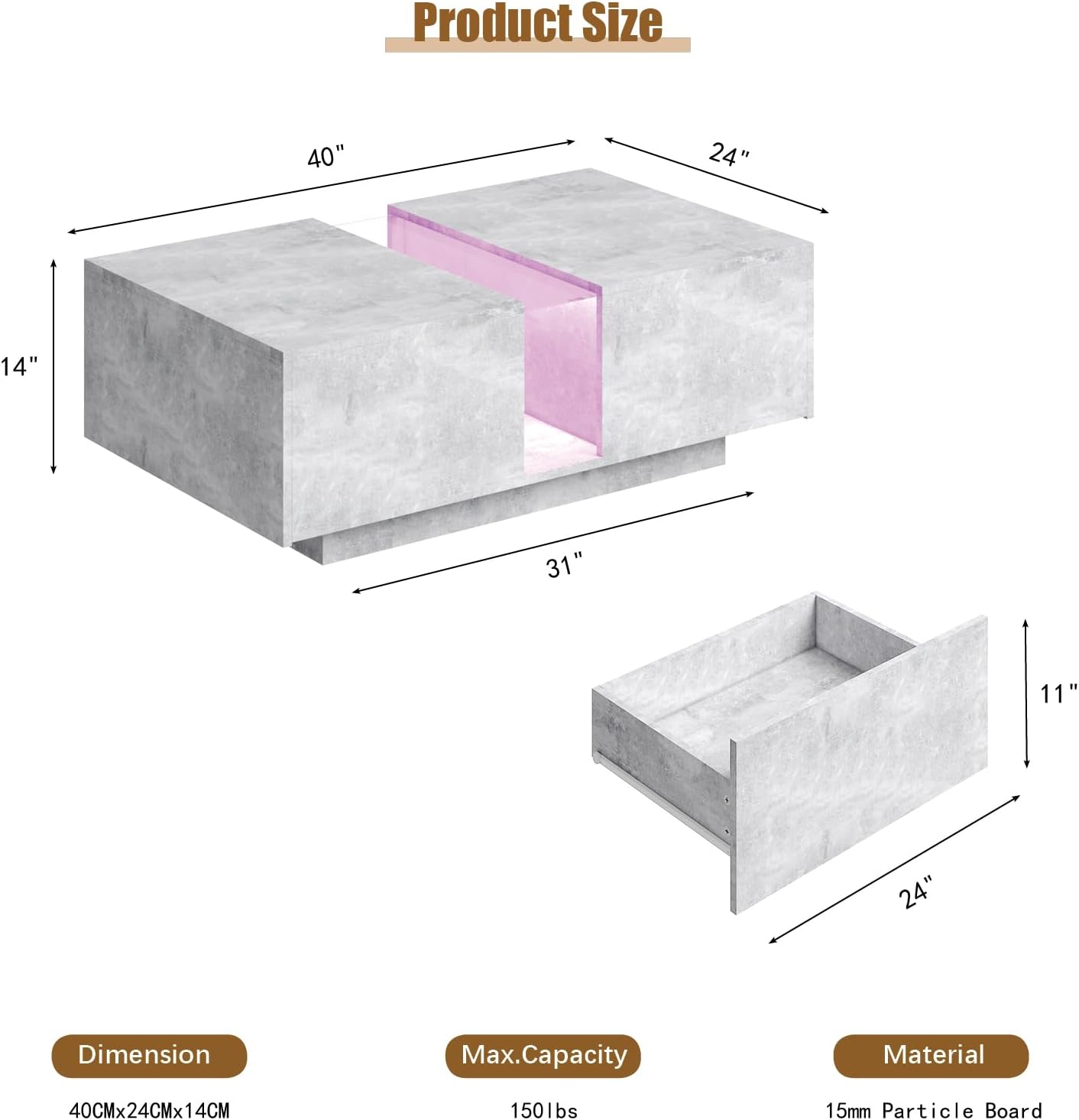 HedoAjim Grey Led Coffee Table for Living Room, Rectangular Living Room Table with Storage, Acrylic Coffee Tables with 2 Sliding Drawers, Wood Center Table for Reception Dinning Room