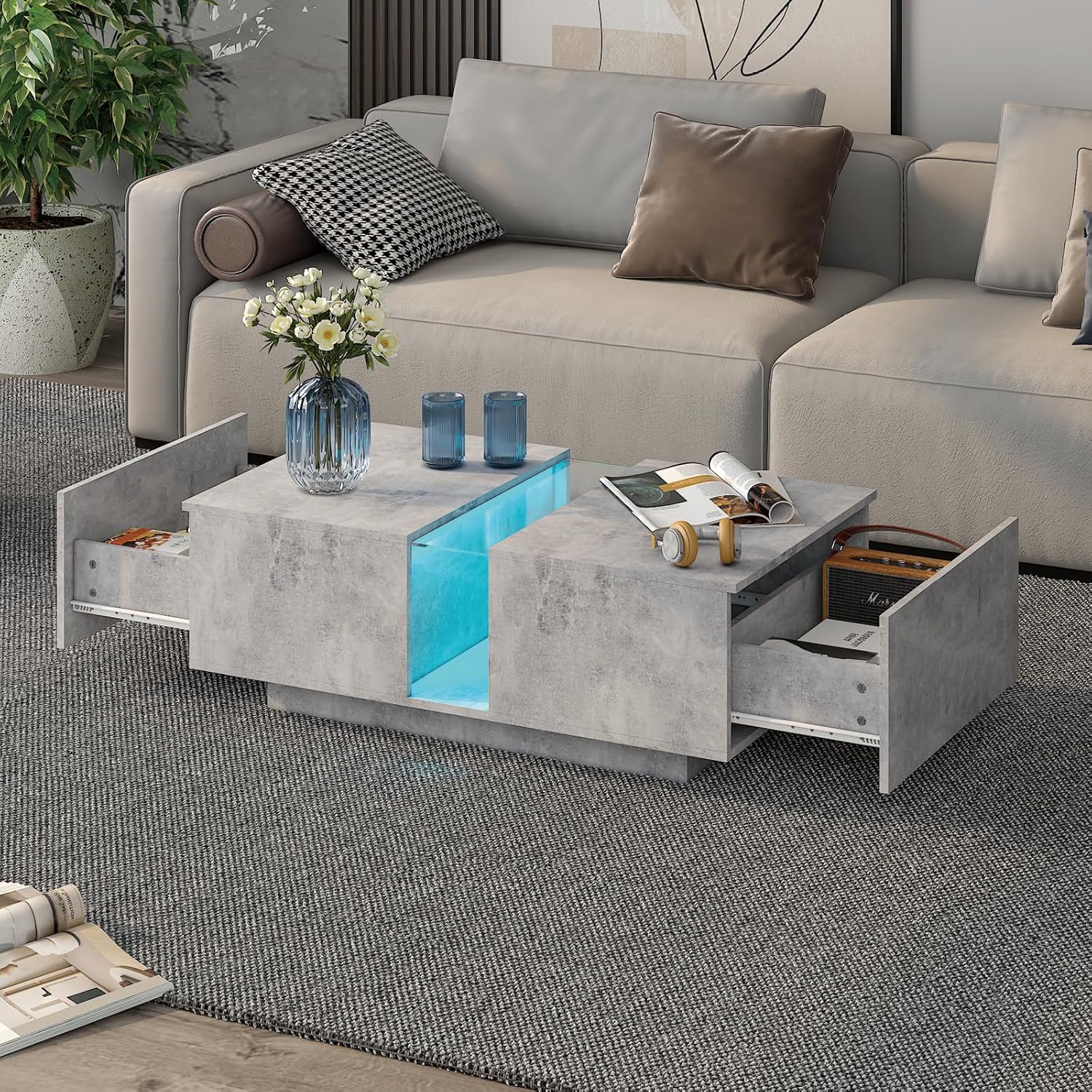 Alternative view of HedoAjim Grey Led Coffee Table for Living Room, Rectangular Living Room Table with Storage, Acrylic Coffee Tables with 2 Sliding Drawers, Wood Center Table for Reception Dinning Room