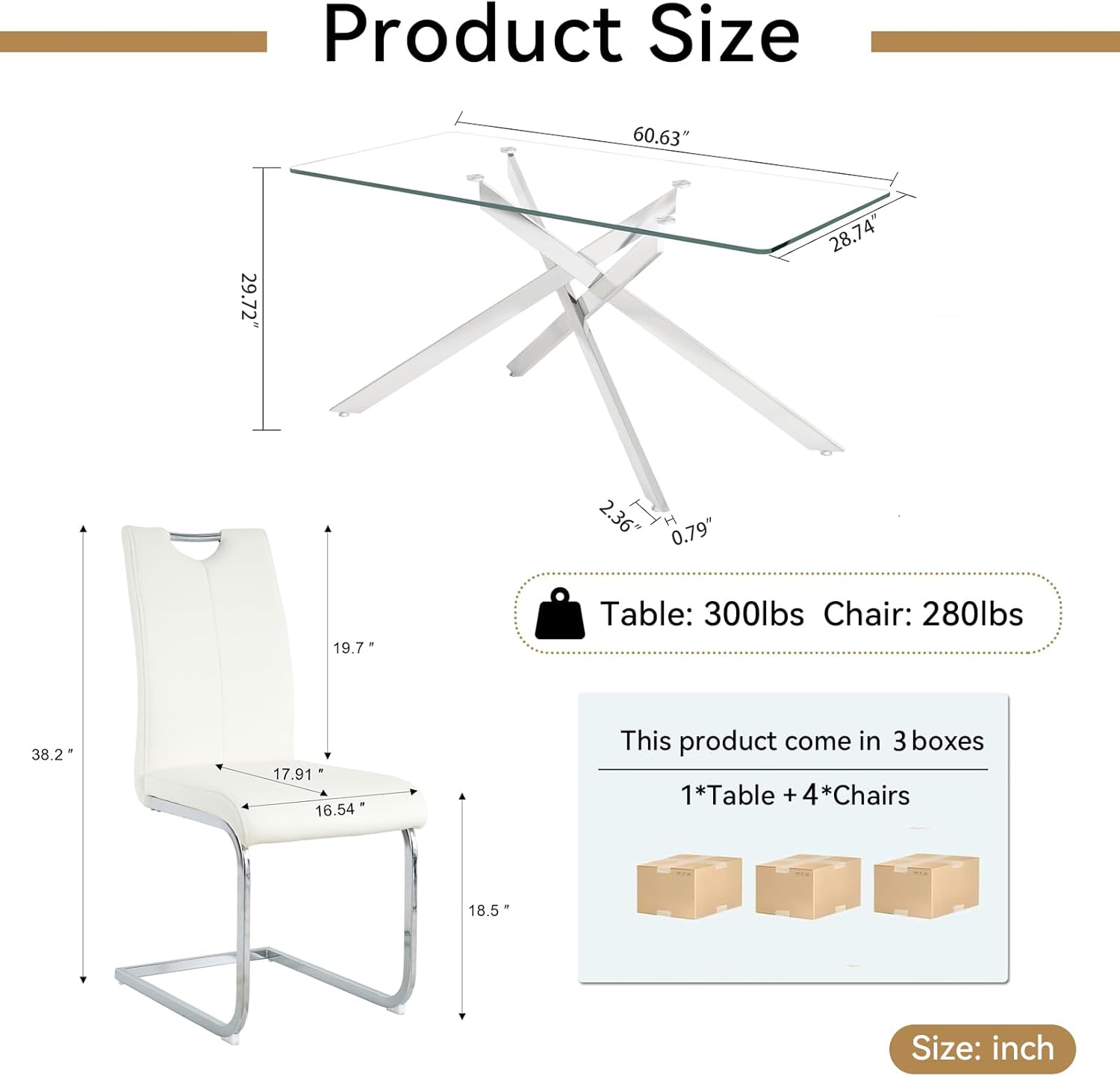 5 Piece Glass Dining Table Set with 4 Chair, 60.6in Rectangle Dining Room Table Set for 4, Sturdy Metal Legs, Glass Kitchen Table and Chair Set for 4, Modern Home Kitchen Furniture