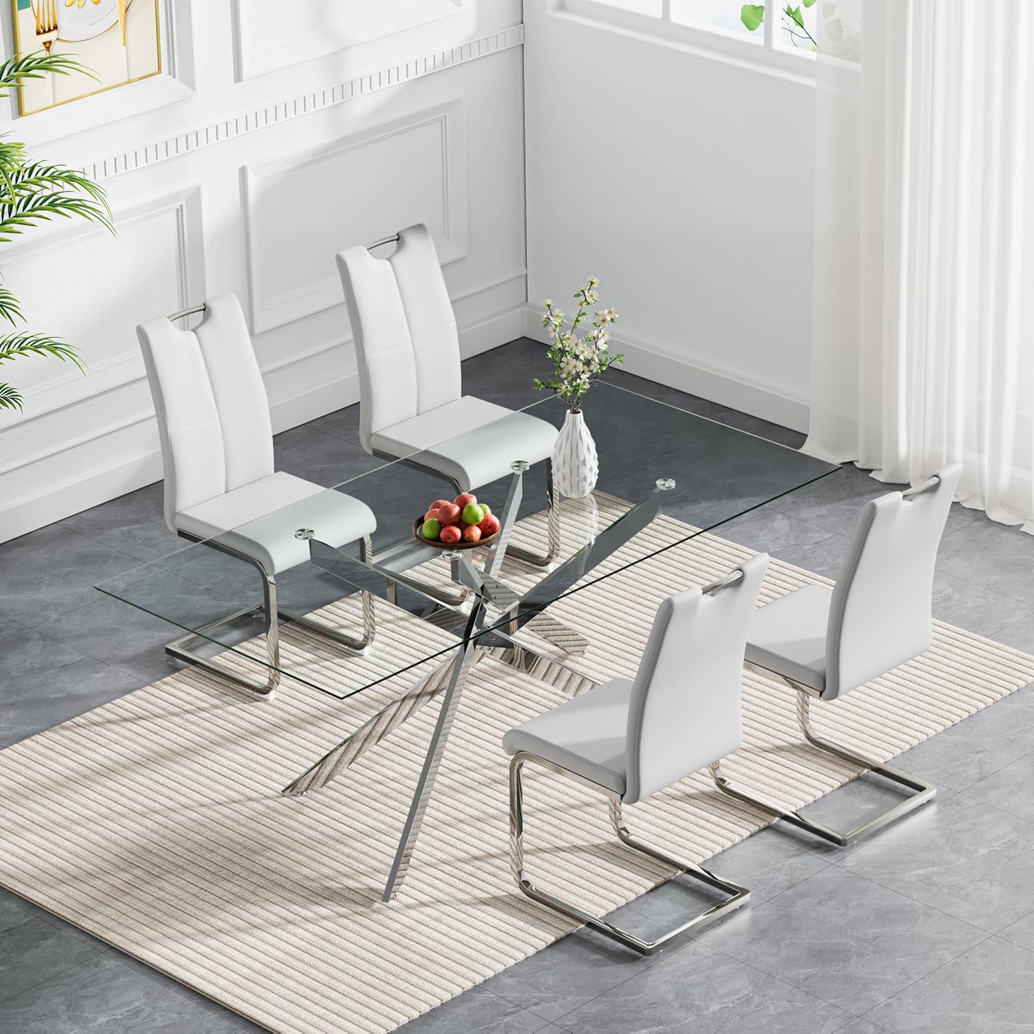 Alternative view of 5 Piece Glass Dining Table Set with 4 Chair, 60.6in Rectangle Dining Room Table Set for 4, Sturdy Metal Legs, Glass Kitchen Table and Chair Set for 4, Modern Home Kitchen Furniture