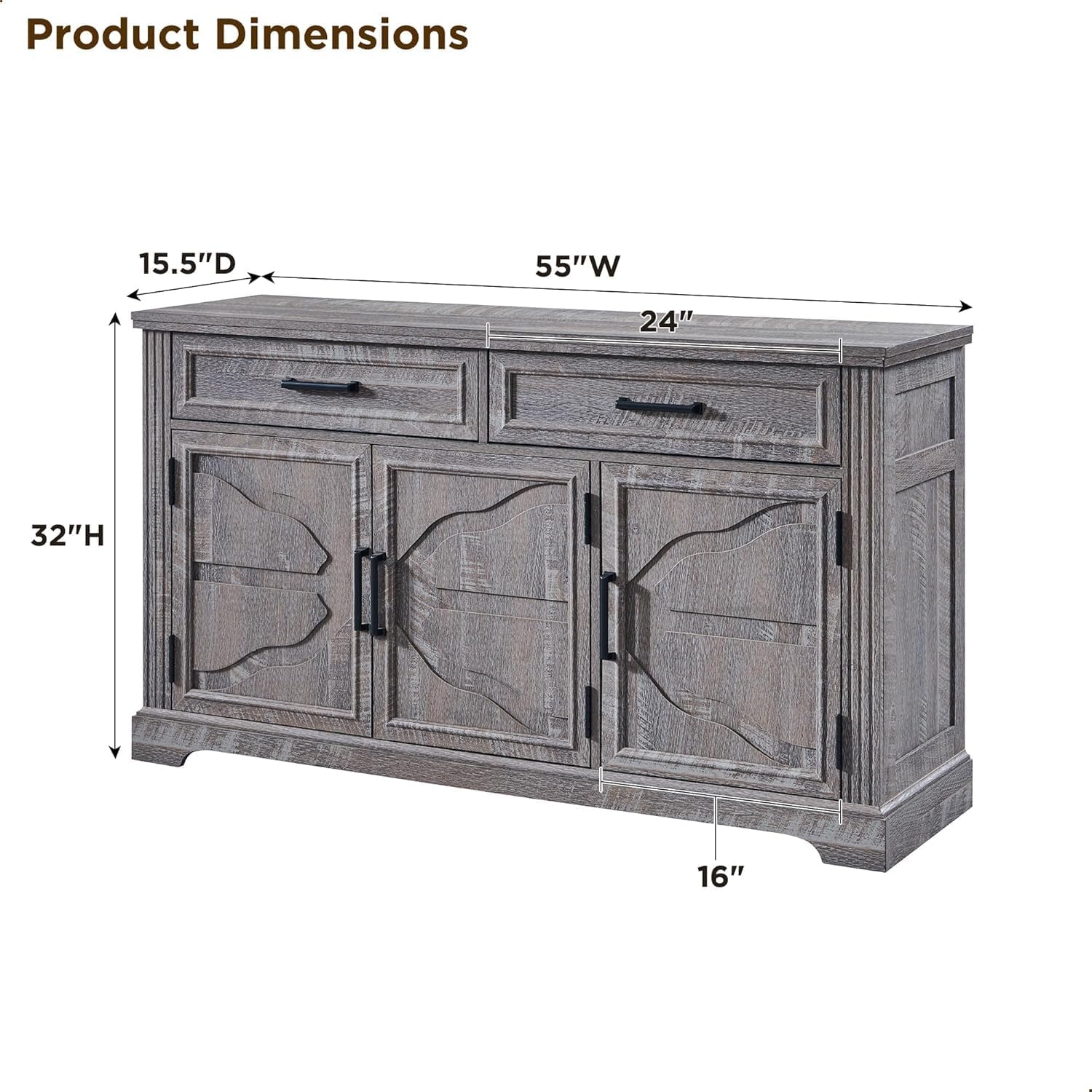 JXQTLINGMU 55" Large Buffet Sideboard Cabinet with 3 Doors and 2 Drawers, Buffet Table Coffee Bar Wine Bar Storage Cabinet for Dining Room, Living Room, Dark Grey