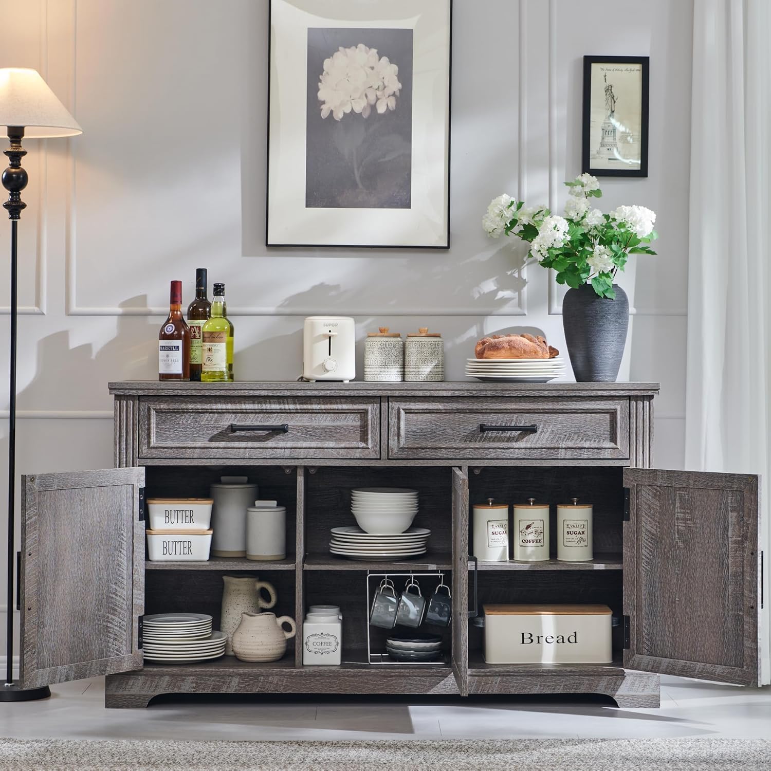 Alternative view of JXQTLINGMU 55" Large Buffet Sideboard Cabinet with 3 Doors and 2 Drawers, Buffet Table Coffee Bar Wine Bar Storage Cabinet for Dining Room, Living Room, Dark Grey