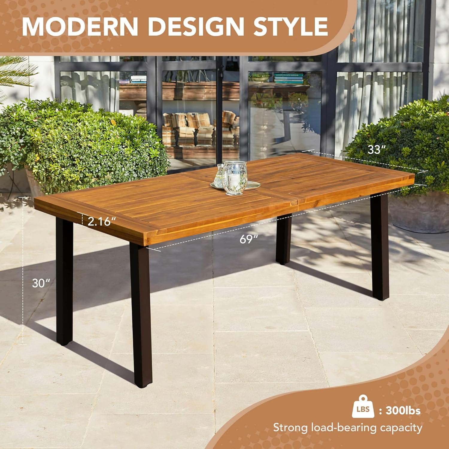 Alternative view of Devoko Home Acacia Wood Dining Table 6-Person Indoor Outdoor Table with Iron Legs, Sandblast Finish, Natural Stained, Rustic Metal, 69 * 33 * 30 inch (Natural)