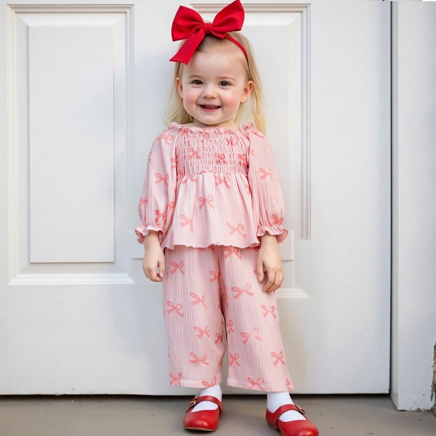 Baby Girl Cotton Linen Clothes Bow Flower Print Ruffle Long Sleeve Smocked Shirt Top Wide Leg Pants 2Pcs Fall Clothes