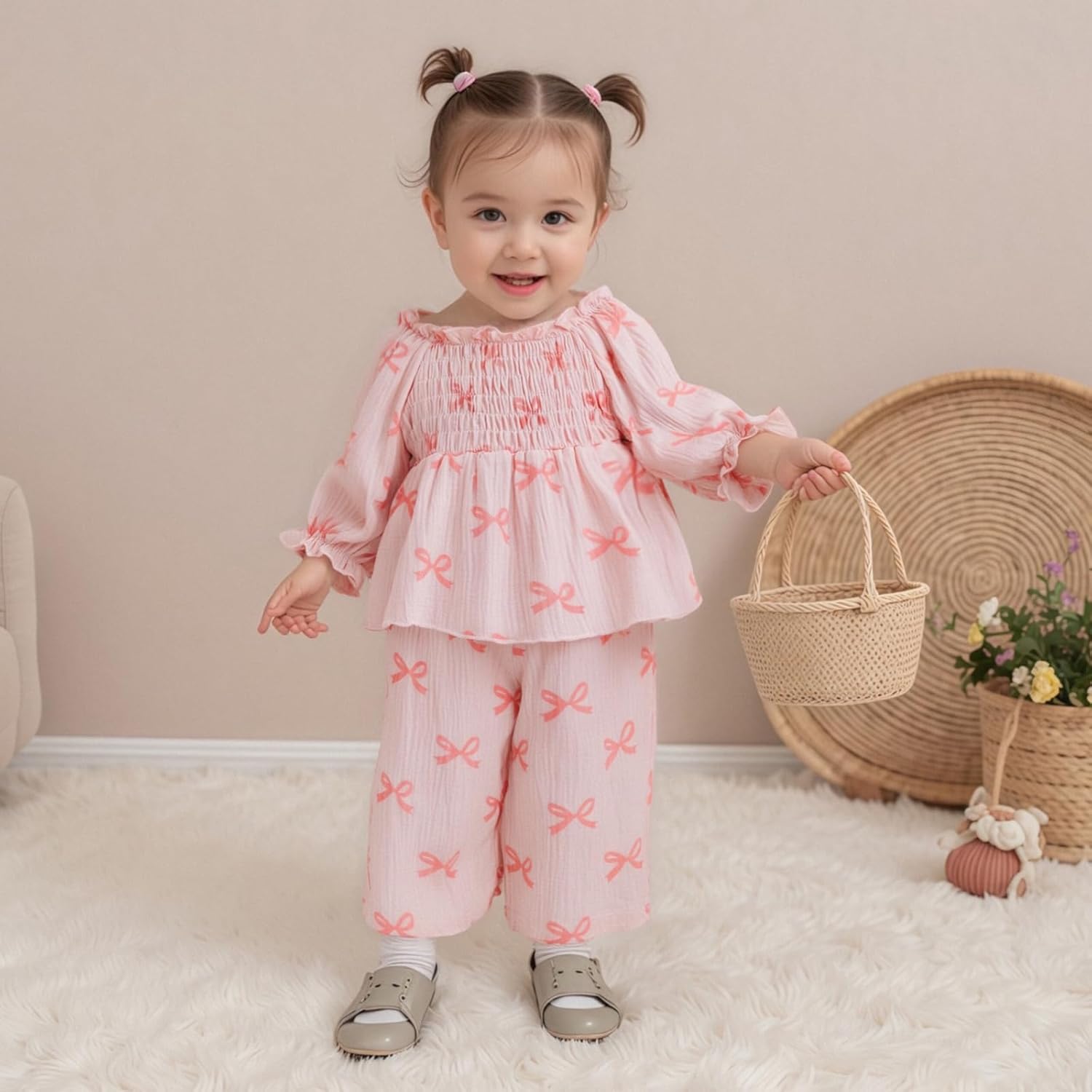 Alternative view of Baby Girl Cotton Linen Clothes Bow Flower Print Ruffle Long Sleeve Smocked Shirt Top Wide Leg Pants 2Pcs Fall Clothes